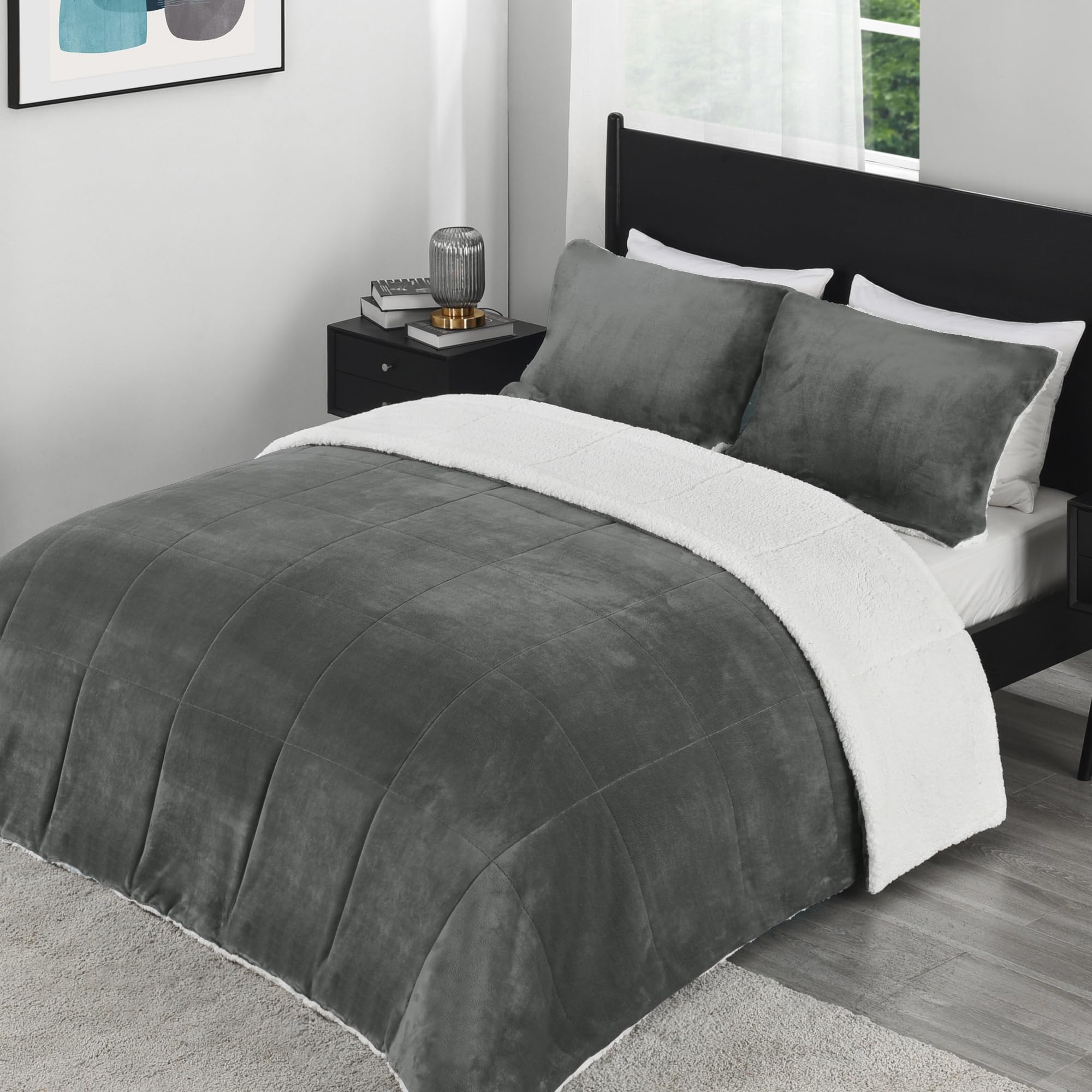 downluxe Ultra-Soft Micromink Sherpa Queen Comforter Set with 2 Pillow Shams - 3-Piece Set - Dark Grey - Plush Warm Fall Winter Bedding Comforter Sets