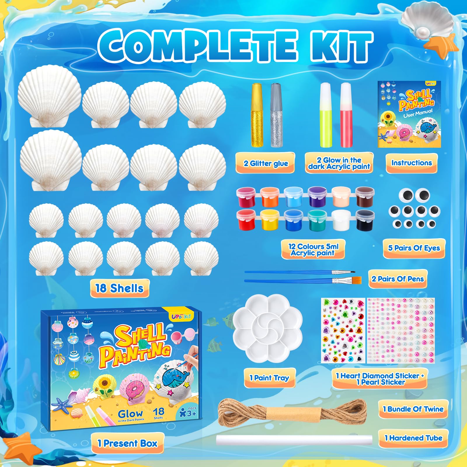 Set De Manualidades Con Conchas Que Brillan En La Oscuridad – Pintura DIY Para Niños De 4 A 12 Años, Incluye 14 Conchas, 18 Pinturas Y Accesorios, Regalo Creativo Y Educativo