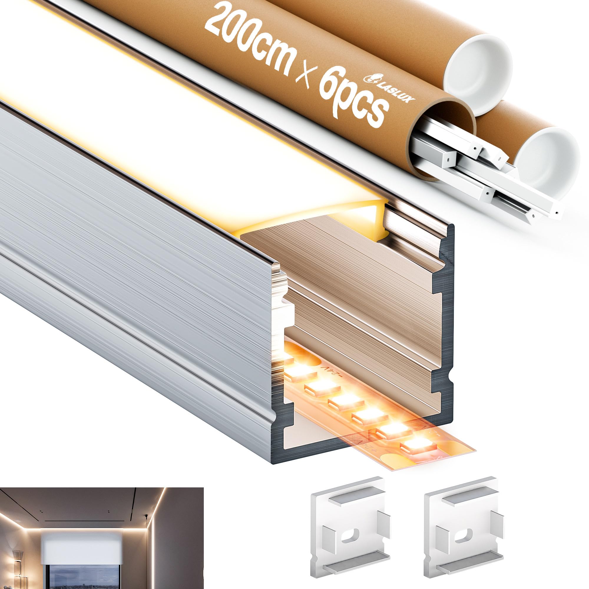 6x Profili LED da 2 Metri (Totale 12mt) per Strisce Led, profilo in alluminio pour montage en surface ou encastré, Max Striscia LED 15 mm - Dimensione 20 x 20mm (6 * 2M(12M))