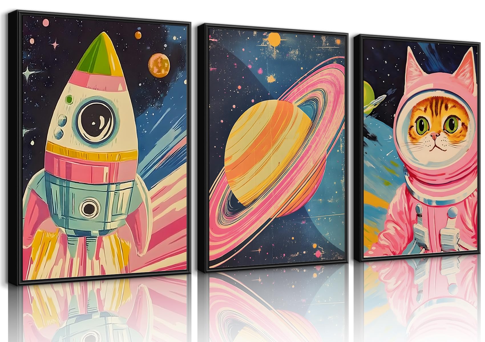 3Pcs Pink Astronaut Wall Art Space Cat Adventure Canvas Prints Whimsical Out Space Painting Colorful Astronaut Cat Rocket Pictures Wall Decor for