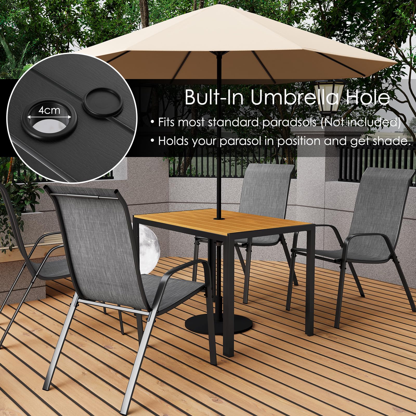 LIFERUN Gartentisch mit Schirmloch 110x70 cm, Balkontisch Wetterfest | Terrassentisch Aluminium, WPC Tischplatte, Rechteckiger Esstisch Garten für 4-6 Personen, Teakbraun