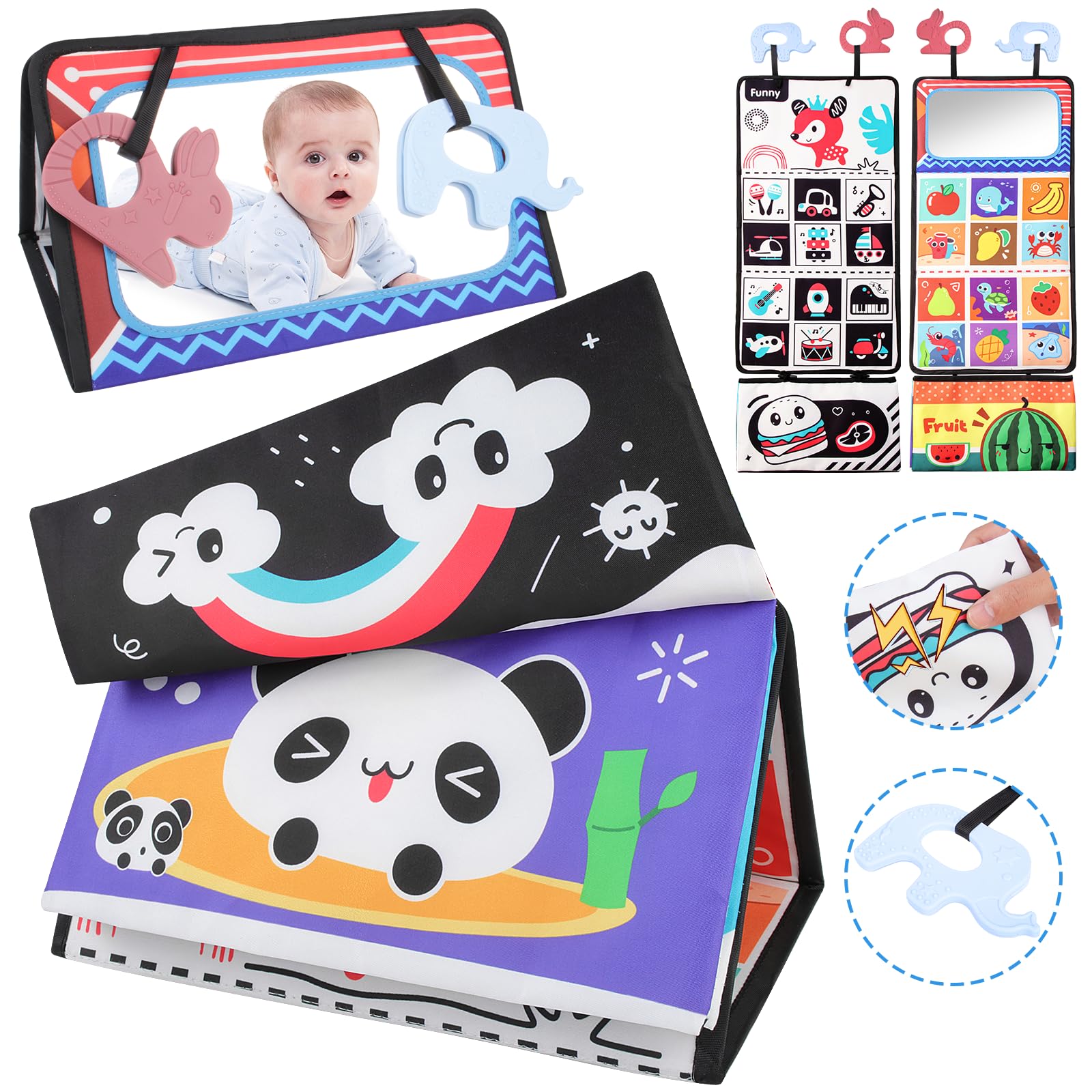BEBOAN Baby Tummy Time Mirror Toy, High Contrast Baby Mirror Sensory Toys with Teether & Crinkle Cloth Book