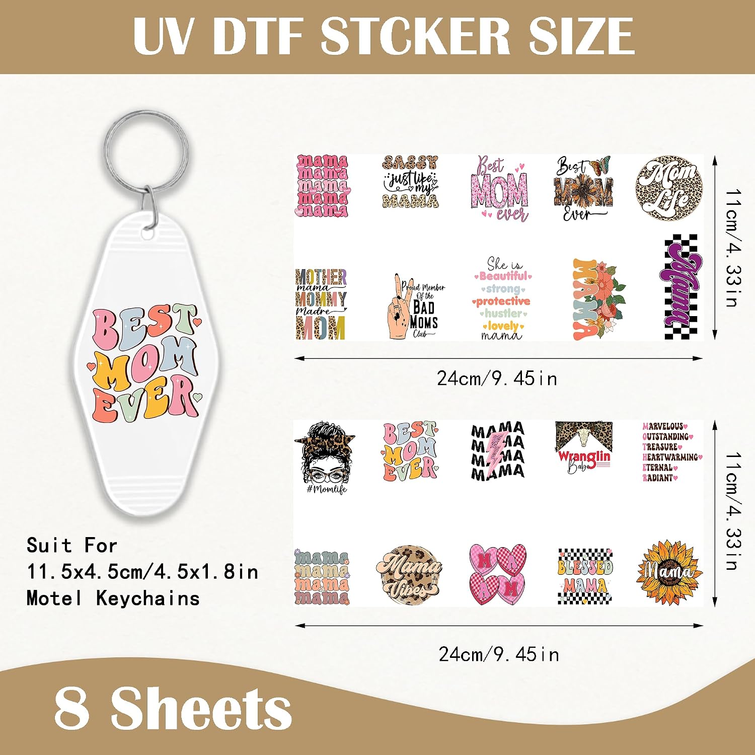 UV DTF Motel Keychain Decals, 80PCS Mama Stickers, Leopard Mom Transfers, Waterproof Hotel Decals image 2