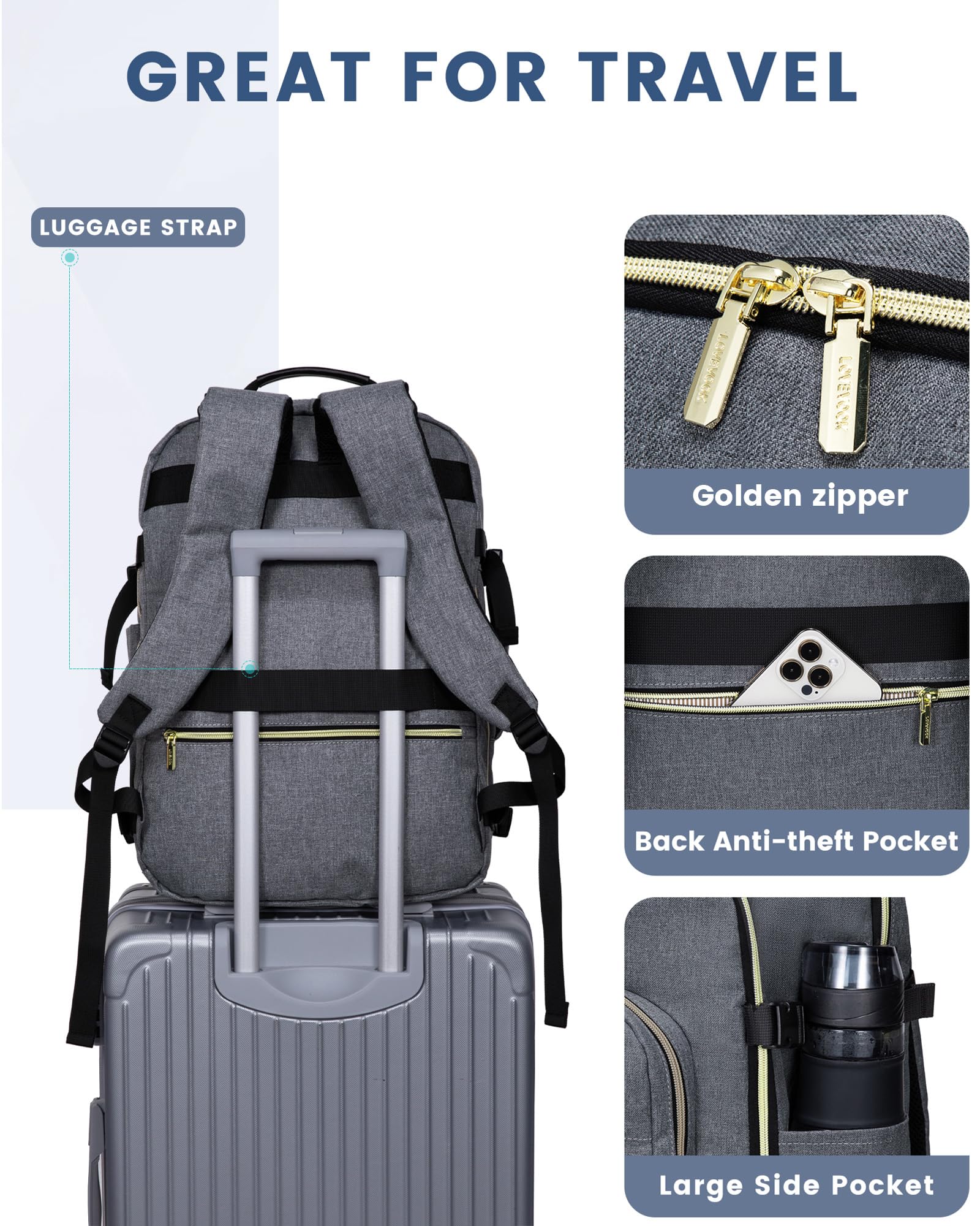 LOVEVOOK Zaino da Viaggio Aereo Bagaglio a Mano, Impermeabile Zaini Trolley Bagaglio Donna 40L Cabin Max per Ryanair Easyjet, Grande Zaino Porta PC 17 Pollici Valigia Borsa a Zainetto