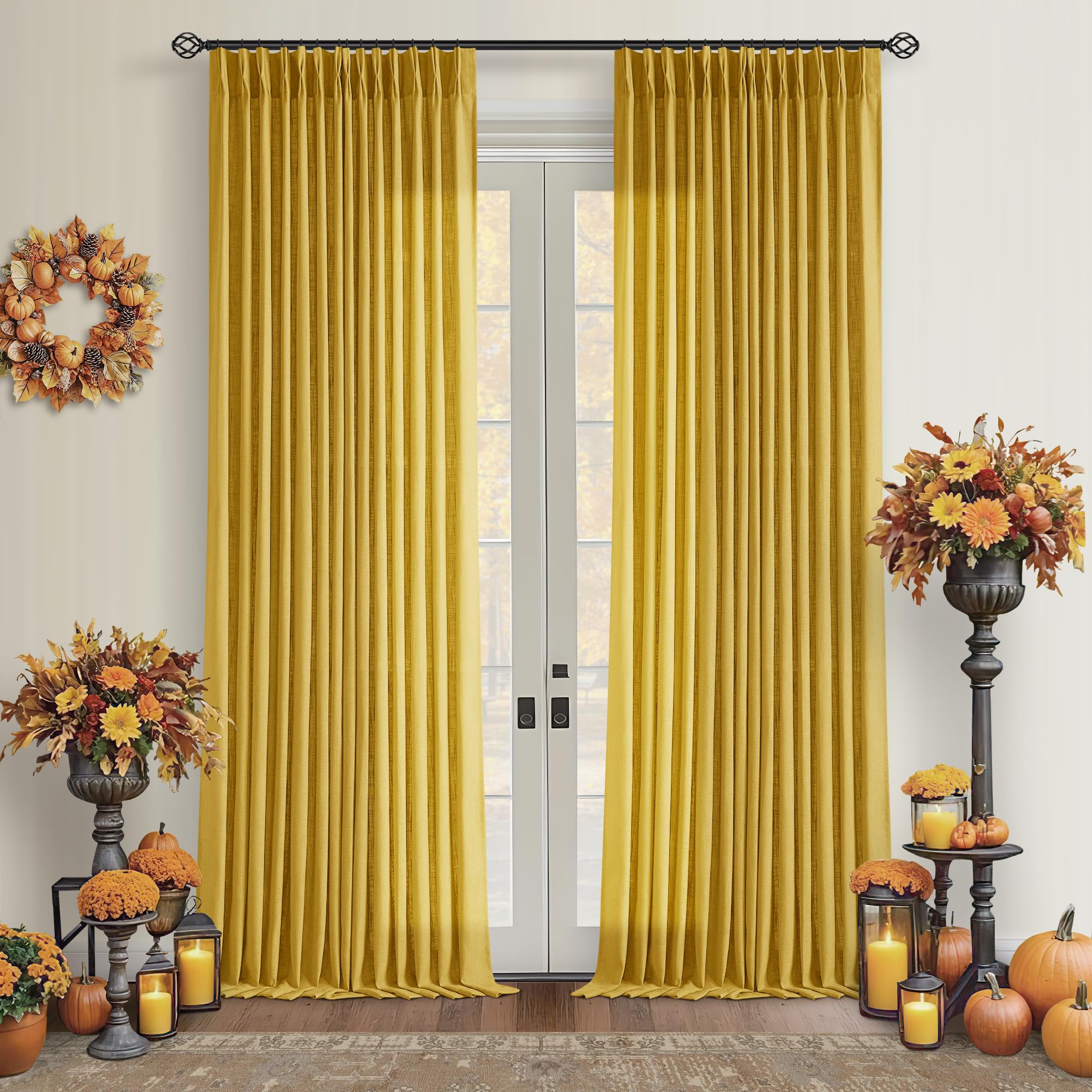 Mustard Yellow Pleated Semi Sheer Linen Curtains 96 Inches Long 2 Panel Set — image 1