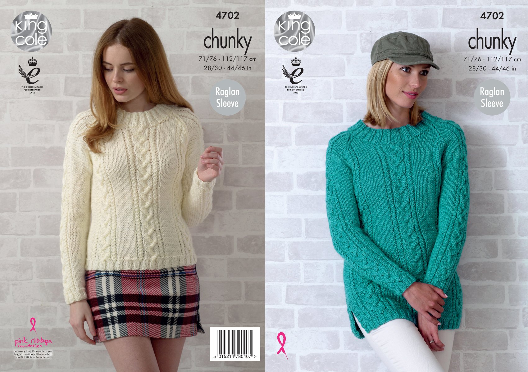 Raglan Sleeve Cable Knit Sweaters Knitting Pattern King Cole Ladies Chunky 4702