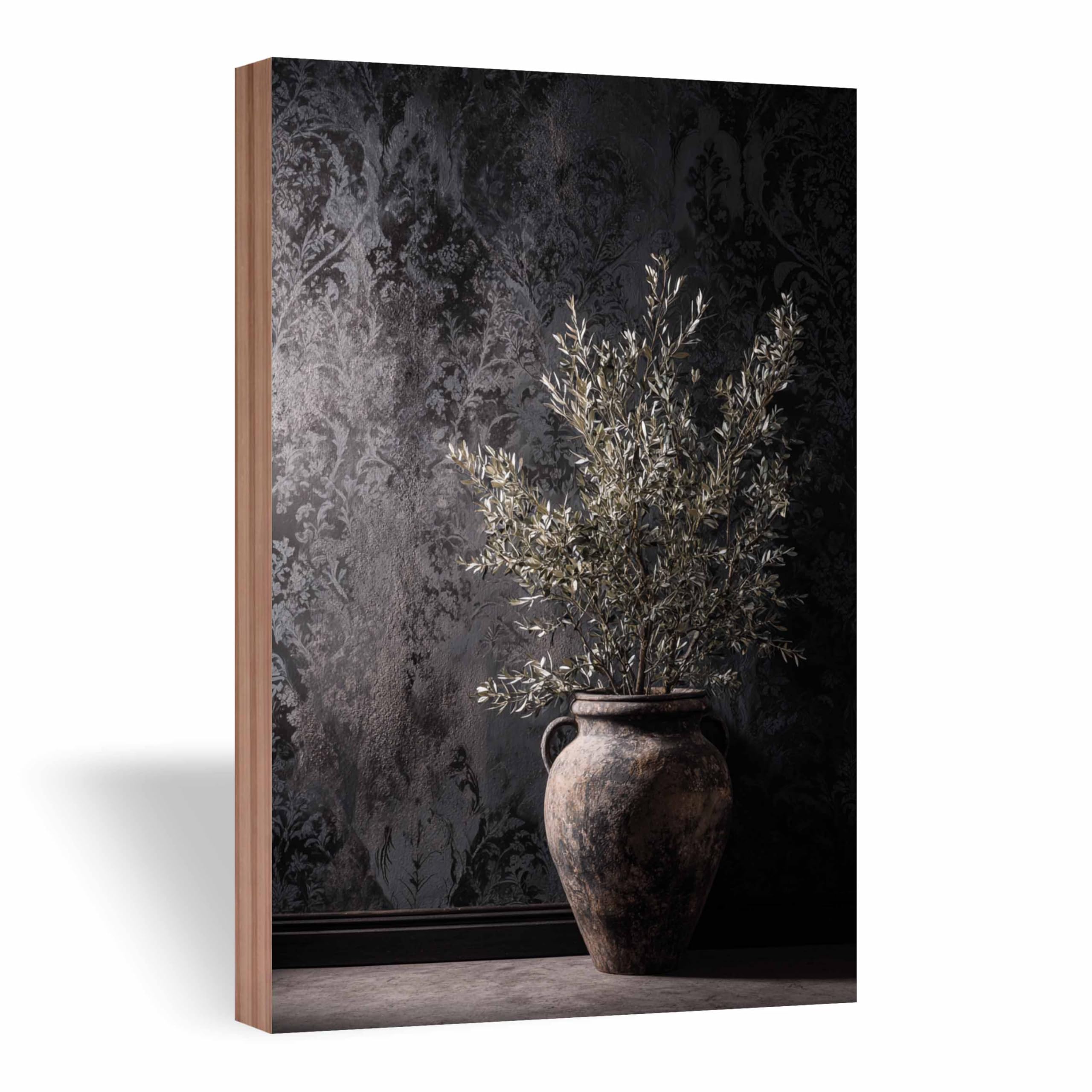 Kunstbruder Holzbild Dunkle Botanische Eleganz in anthrazitfarbenem Schwarz, 20x30 cm als ruhiges Wandmotiv mit Vase und botanischer Tiefe