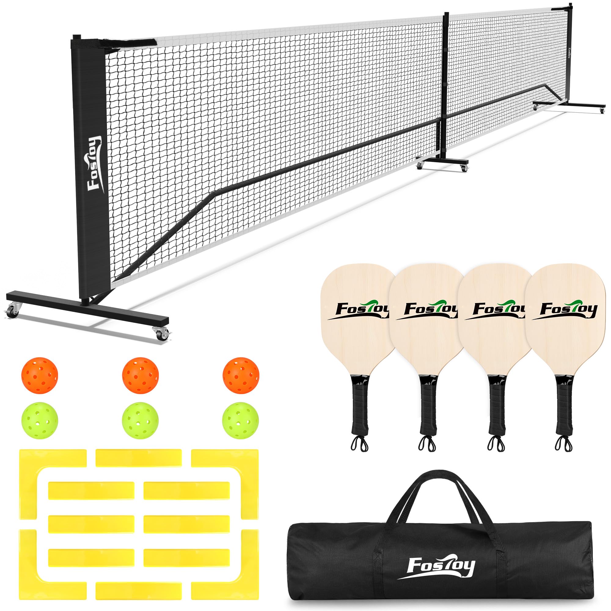 Fostoy Pickleball Net Set with Wheels, 22 FT Regulation Size, Court Marker, 4 Paddles & 6 Pickleballs, Carrying Bag, Steady Metal Frame and 18-ply PE Net for All Weather Conditions Outdoor Indoor