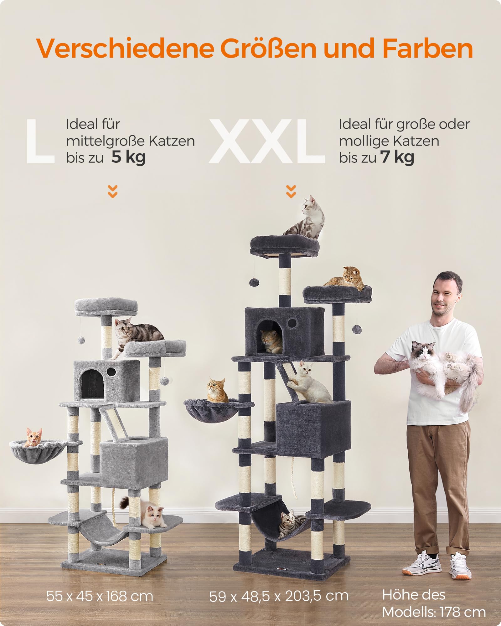Feandrea Kratzbaum groß, 203,5 cm hoch, XXL Katzenbaum, mit 13 Kratzsäulen, 2 Plattformen, 2 Höhlen, Korb, Hängematte, Plüschbälle, mehrstöckiger Katzenkratzbaum, hellgrau PCT190W01