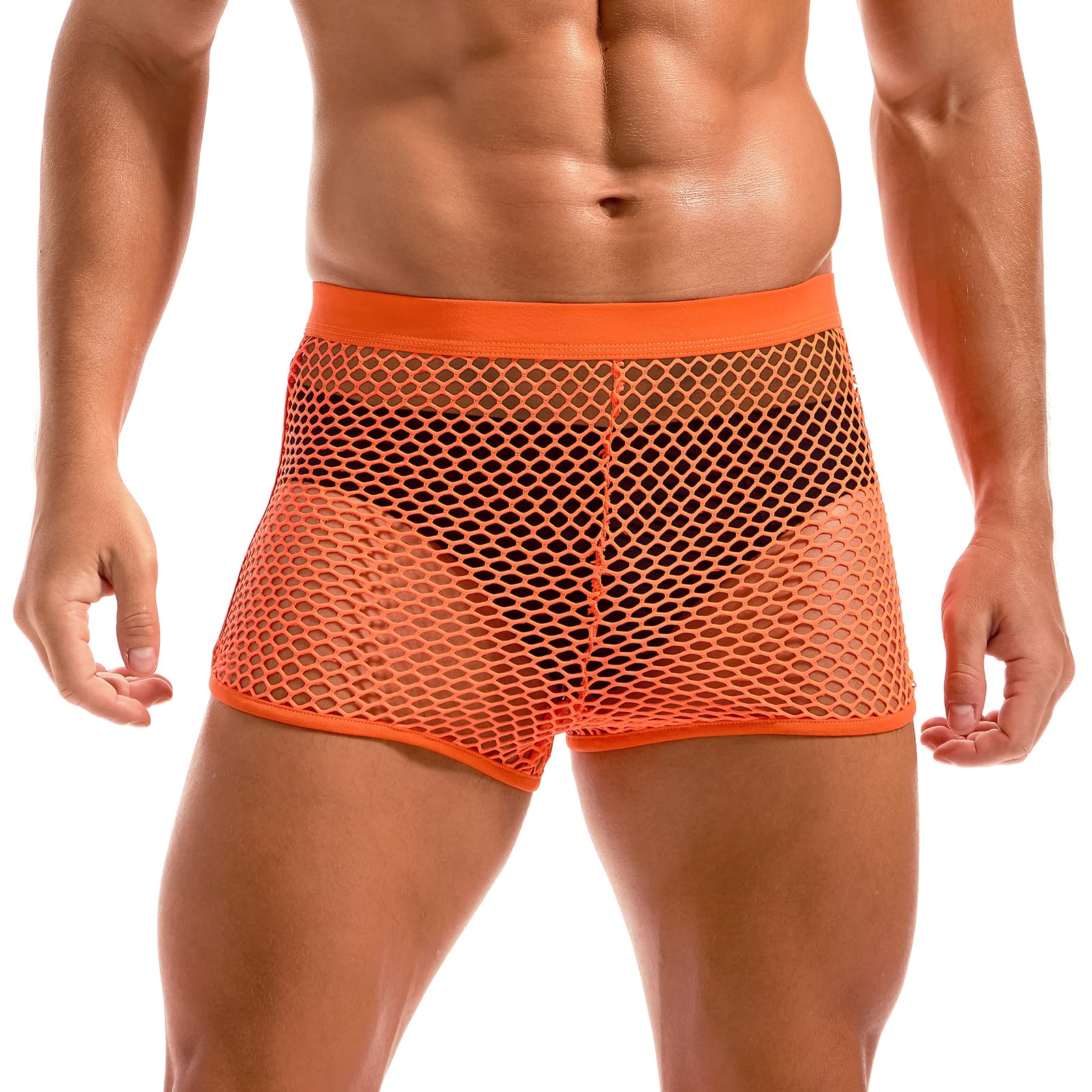 Amy Coulee Men's Orange Fishnet Boxers Sexy Mesh Boxer Briefs Low Waist See Through Shorts Lounge Pajama Underwear Trunks (, L)