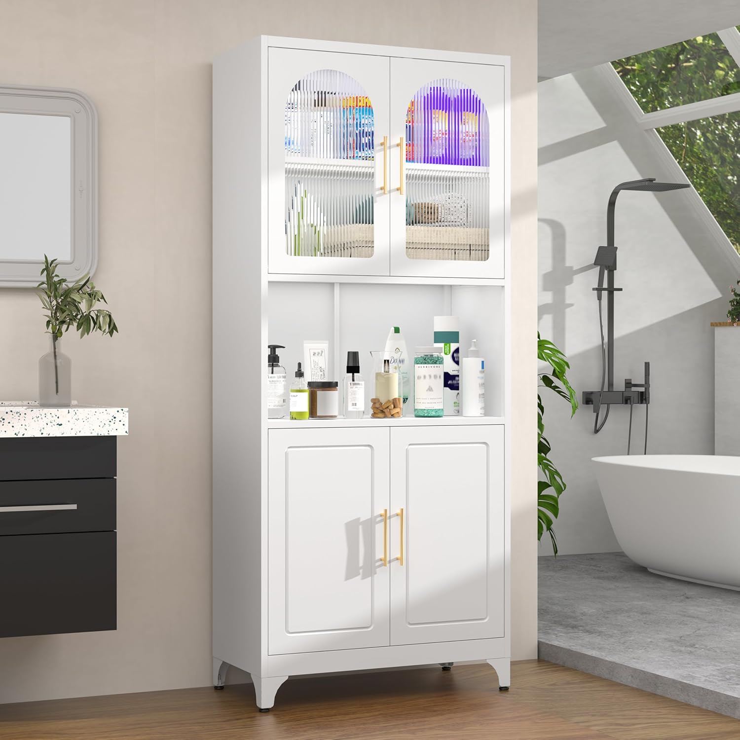 Metal Kitchen Pantry Storage Cabinet，75" Tall Storage Cabinets with 4 Doors and Adjustable Shelves ，White Hutch Cabinet with Microwave Stand,Large Kitchen Cupboard for Dining Room