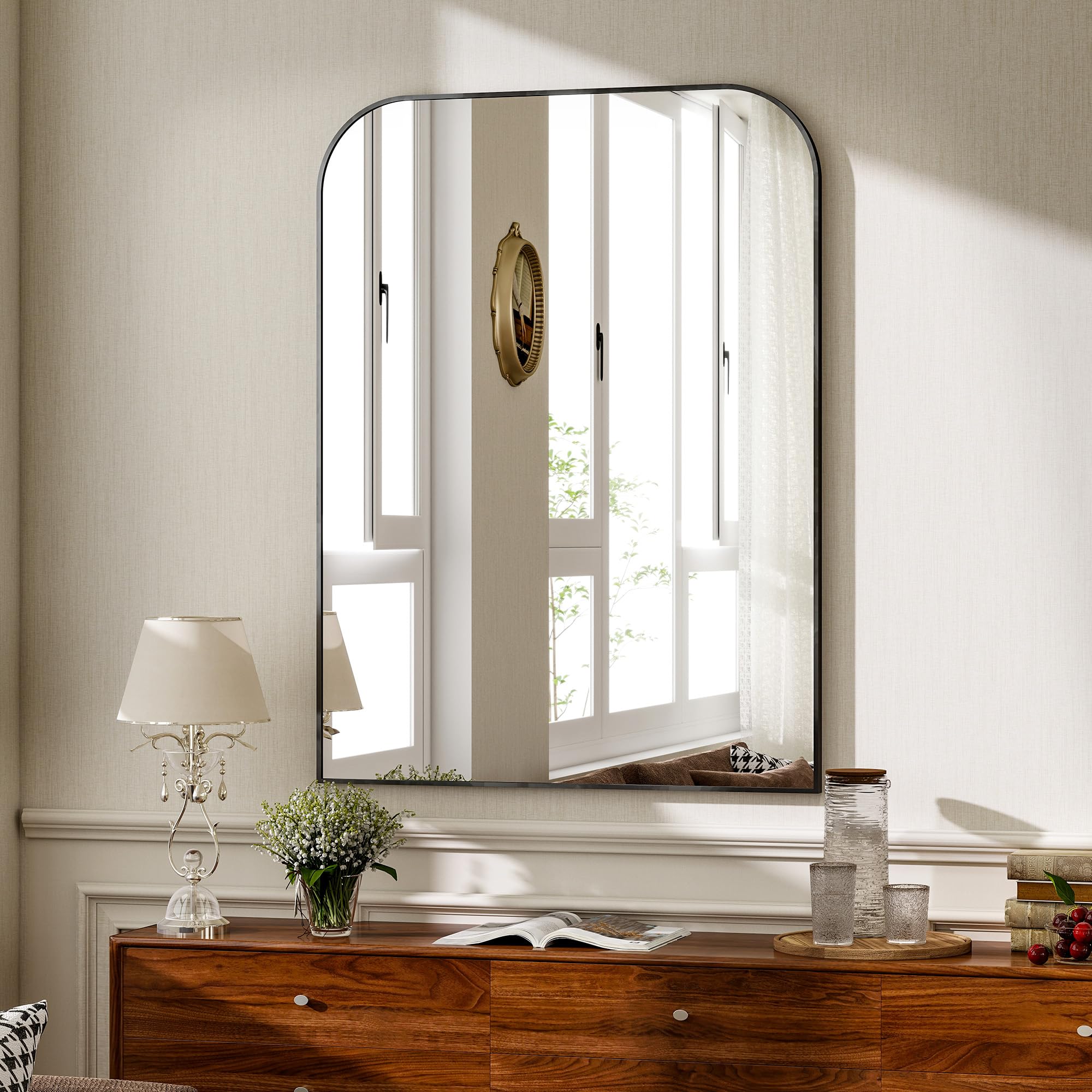 Koonmi Rounded Rectangle Bathroom Wall Mirror, 76 x 100 cm, Black