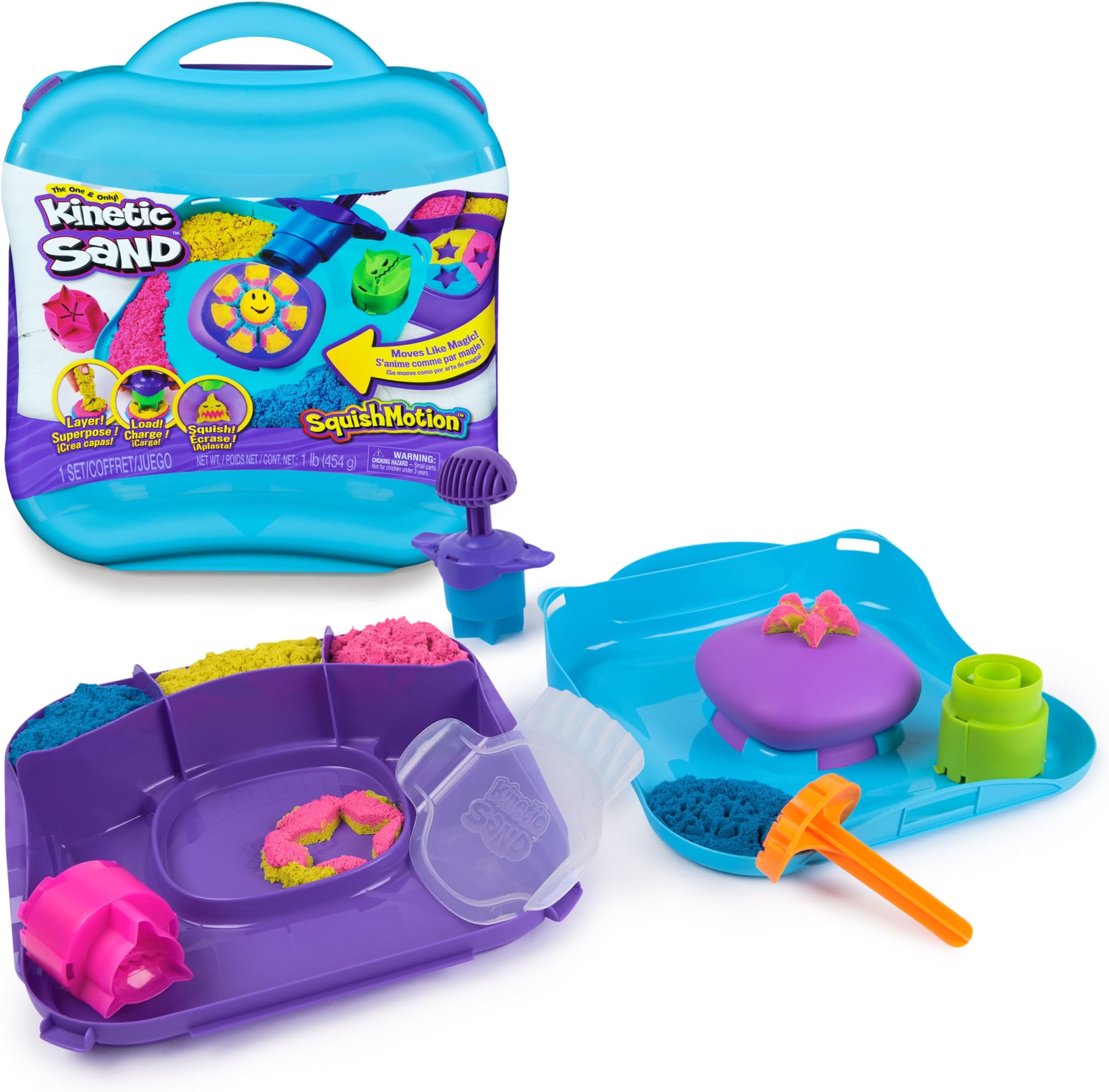 SquishMotion Playset with 453g Pink, Yellow, Blue Play Sand, Stamper & 5 Tools, Reusable Storage Case, Sensory Toys for Kids Aged 5+