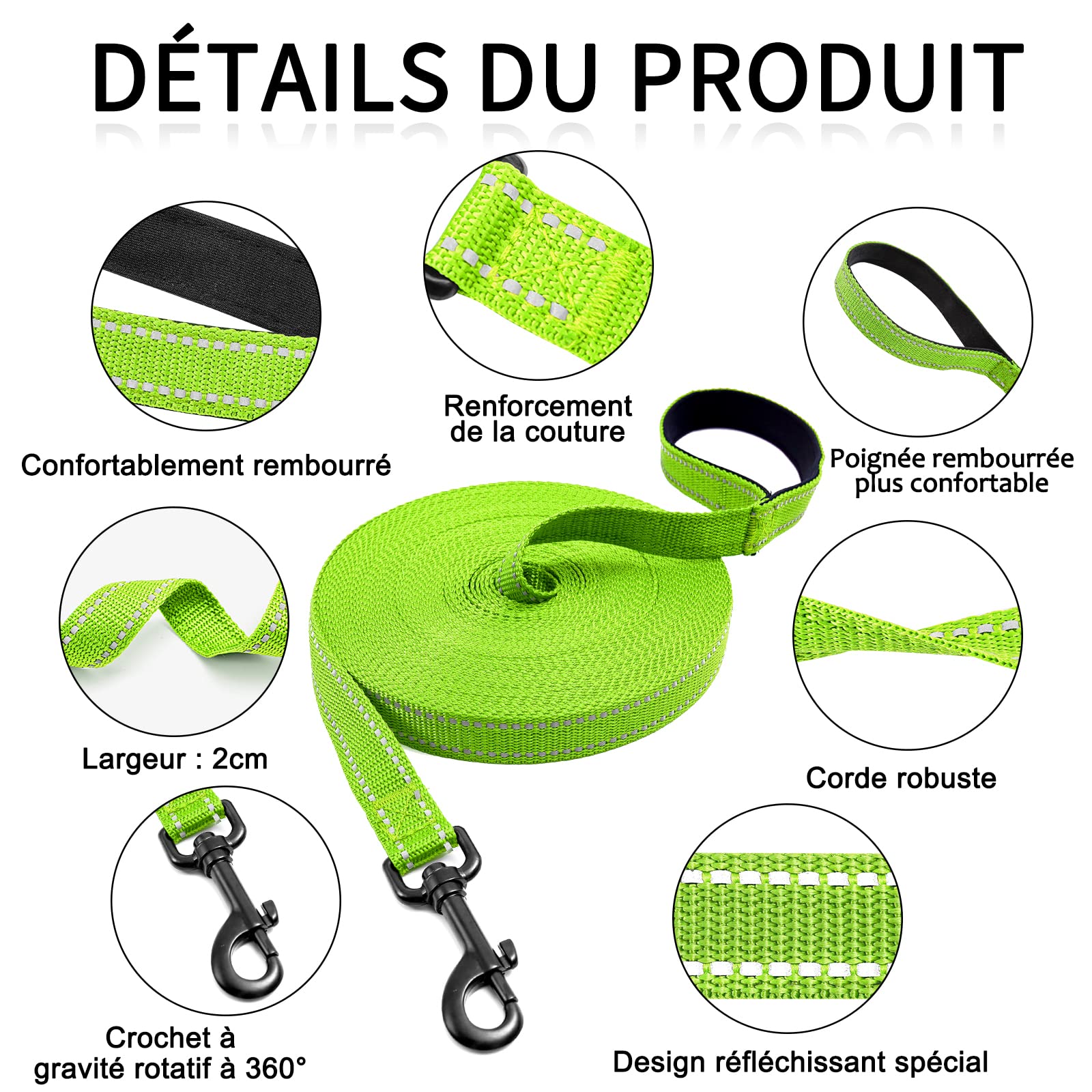 COMSLE Longe pour Chien 3m / 5m /10m /15m /20m, Longue Laisse Réfléchissante pour Chien avec Poignée Rembourrée, Laisses de Dressage pour Chiens avec Crochet Solide de Petites à Grandes Taille