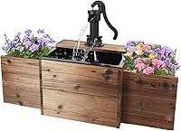 Rustic Wooden Outdoor Water Fountain with Decorative Hand Pump & Flower Box - Garden Patio Feature