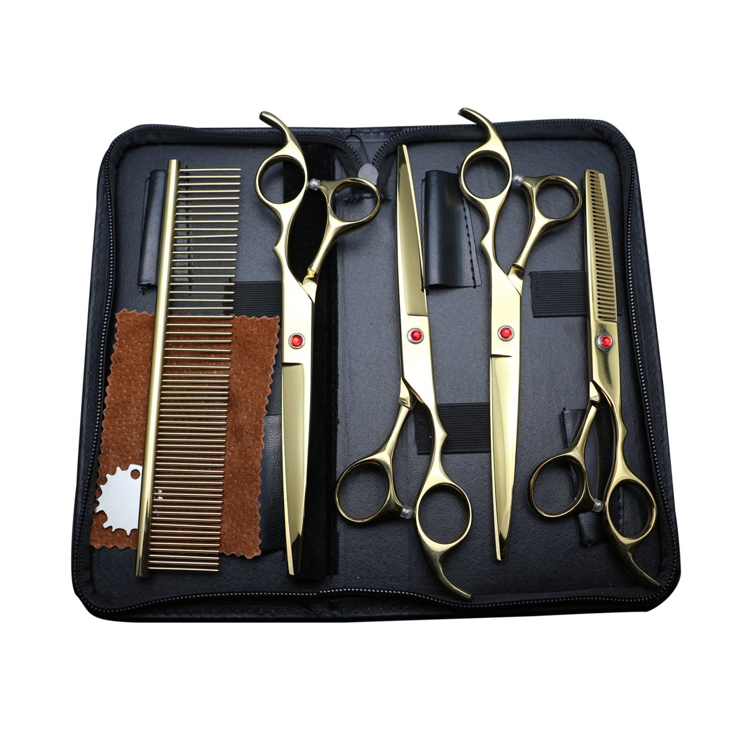 PETTOM 5 pieces Dog Grooming Scissors, 7 Inch Stainless Steel Professional PET DOG Home Grooming Scissors Sets Suit Cutting Curved Thinning Shears with Grooming Combs