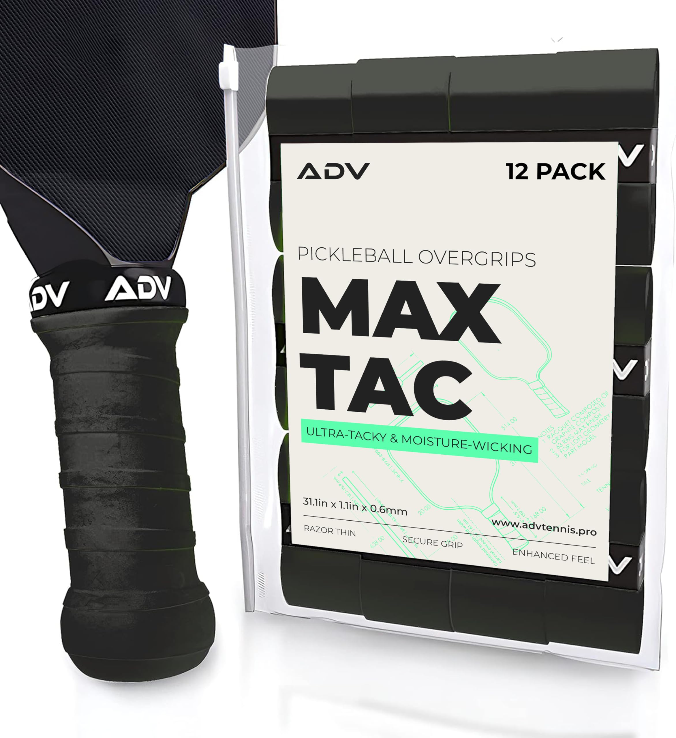 ADV MaxTac Tacky Pickleball Grip Tape - 3, 6, 12-Pack - Extremely Sticky Non-Slip Pickleball Overgrip - Razor-Thin & Easy to Use Pro Pickleball Paddle