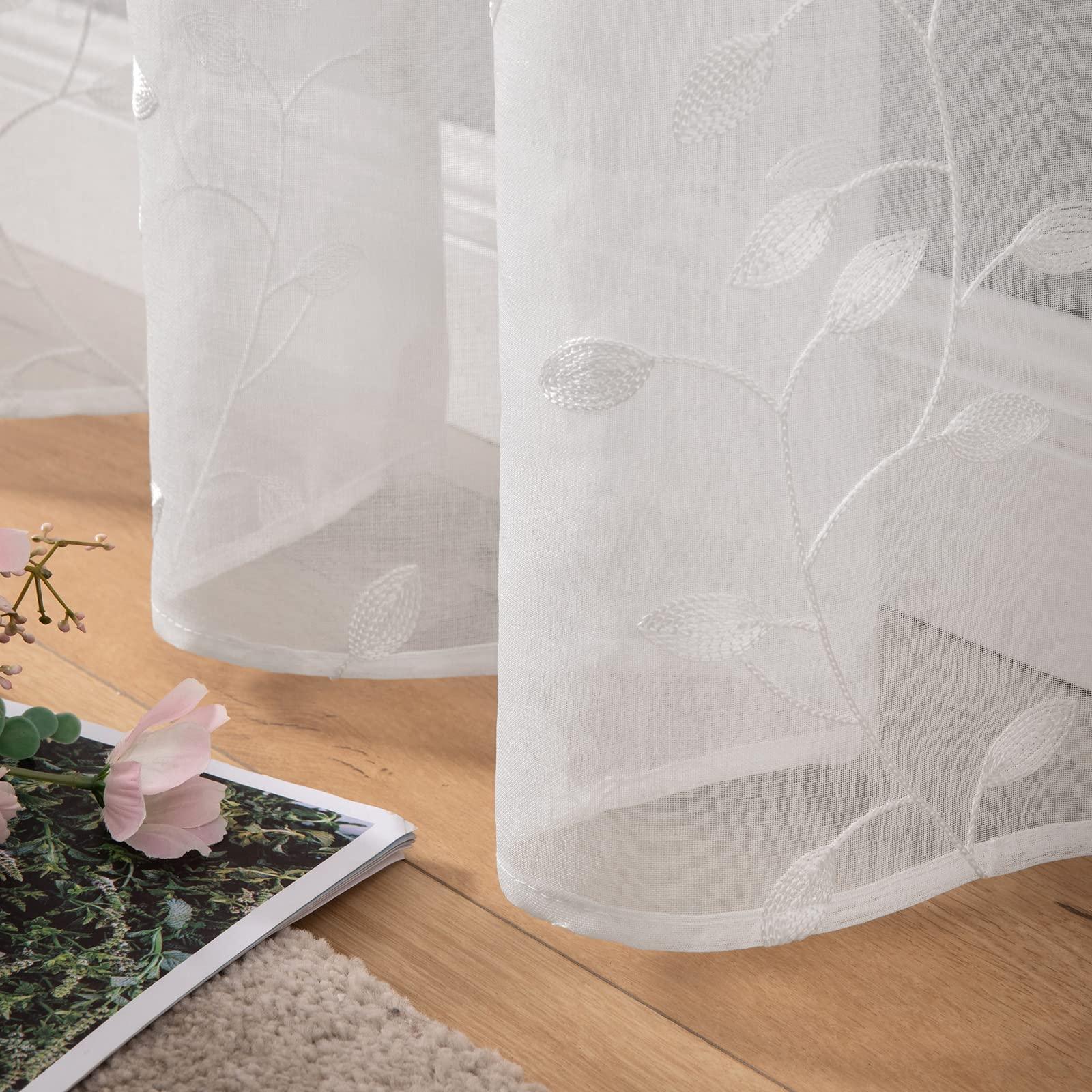 MIULEE Voile Tenda Finestra con Occhielli Tenda a Pannello Tende a Vela Trasparente per Soggiorno e Camera da Letto 2 Pezzo Set 140X260 cm Foglie Bianco