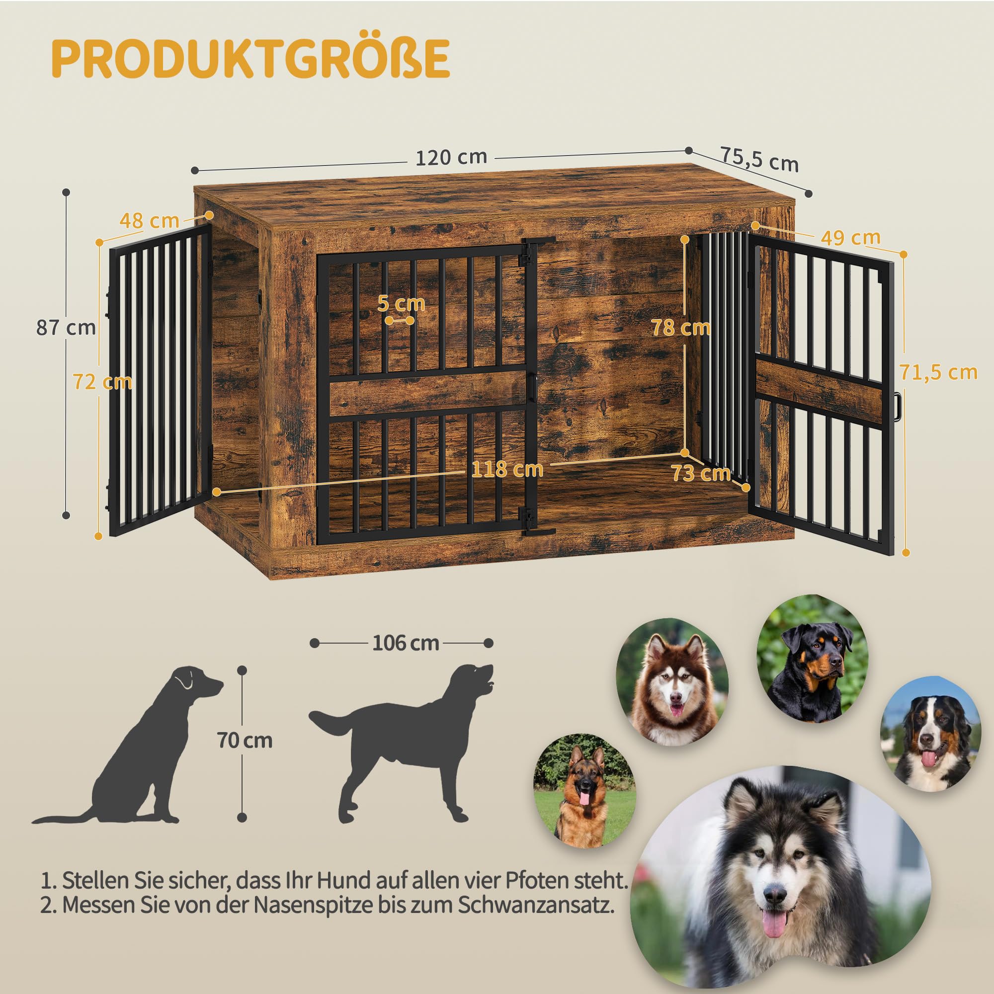 Hzuaneri Hundekäfig Möbel, 120 cm Hundebox für Zuhause mit 4 Türen, XXL Hundebox Möbel, Moderne Hundebox Holz Indoor für Mittlere/Große Hunde, 120 x 75,5 x 87 cm, Vintage Braun 9220101B