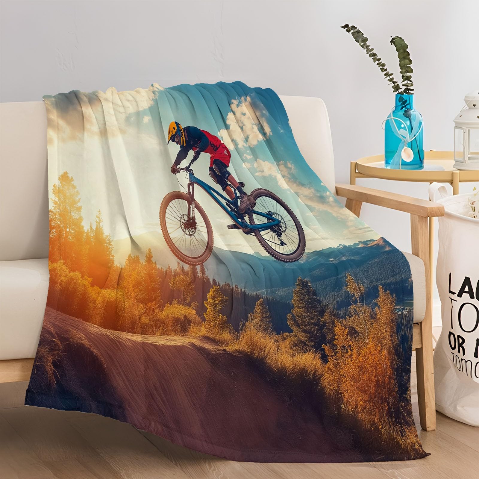 CozyRest Drucken Flanell Fleecedecke Mountainbike-Fahrer Themed Wohndecke bequem und atmungsaktiv Kinder Kuscheldecke 150 x 200 cm für Erwachsene Camping Sofa Decke
