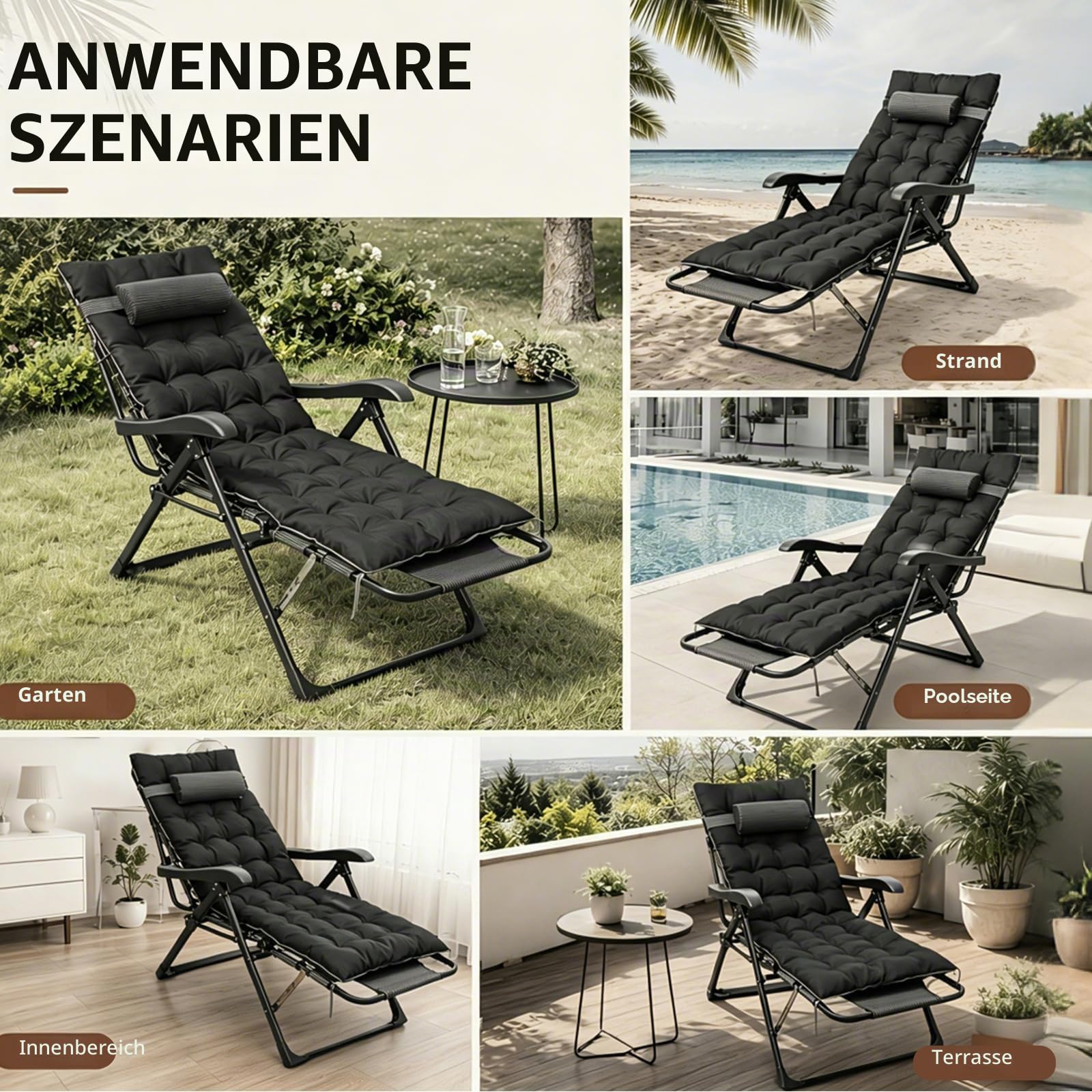 Klappbarer Sonnenliege Liegestuhl, Extra große Gartenliege mit Auflage, wetterfeste Balkonliege mit 7-fach verstellbarer Rückenlehne, Belastbar bis 150kg, Outdoor Relaxliege für Patio & Pool (Schwarz)