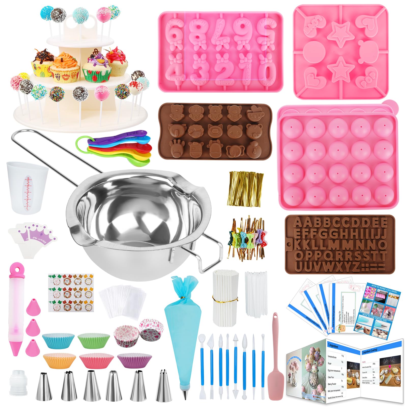Cake Pop Maker Kit 618Pcs with 5 Silicone Mold Sets - 3 Tier Display Stand, Chocolate Candy Melting Pot, Piping Tips and Coupler, Measuring Cup, Muffin Cupcakes, Lollipop Sticks, Valentine Easter Gift