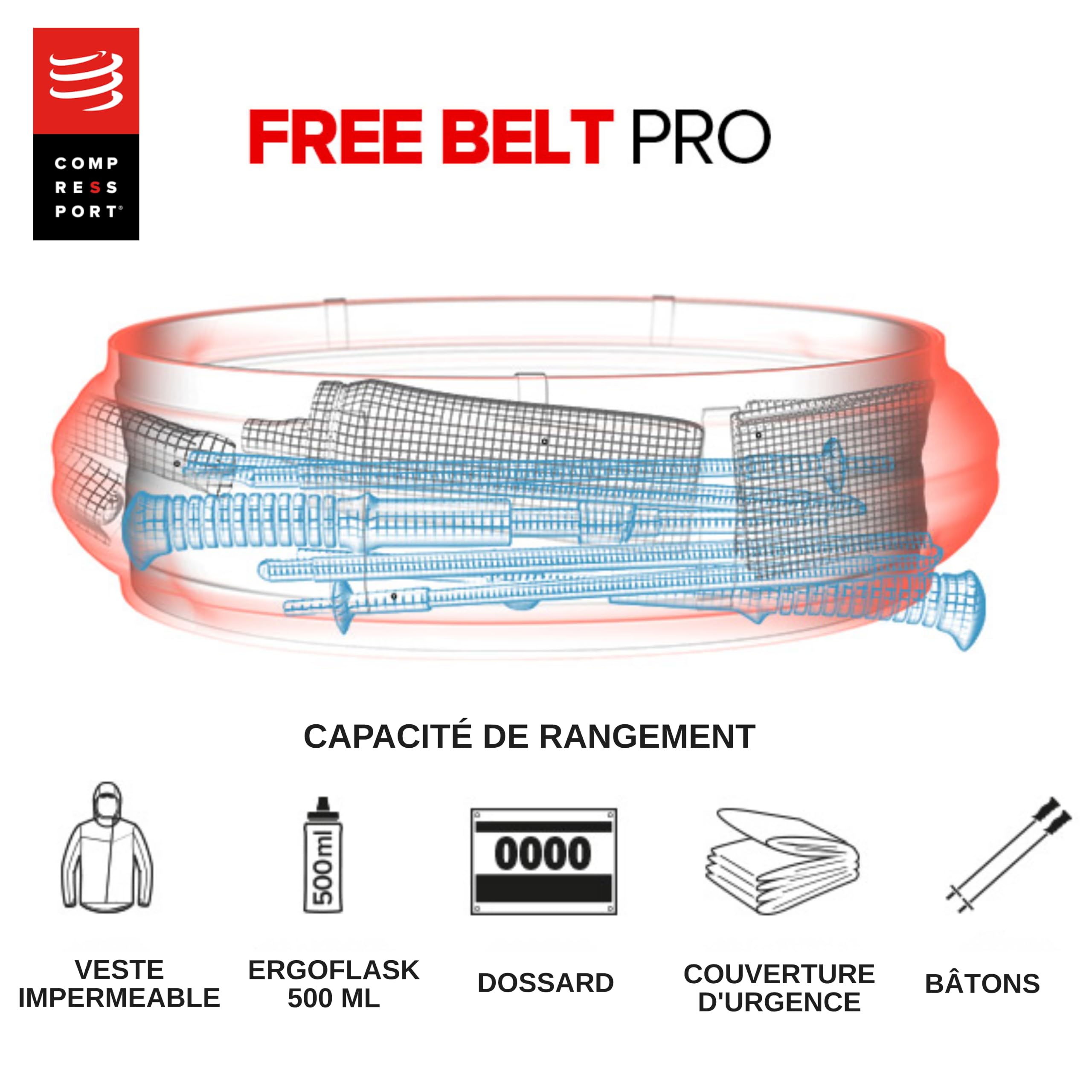 Compressport Pack Free Belt Pro M/L + Ergoflask 300ml, Kit Trail Running, Ceinture Mesh Extensible 1,2L Zéro Ballottement + Flasque Souple Sans BPA, Autonomie 6h Mains Libres,Tour de Hanches 94-110 cm