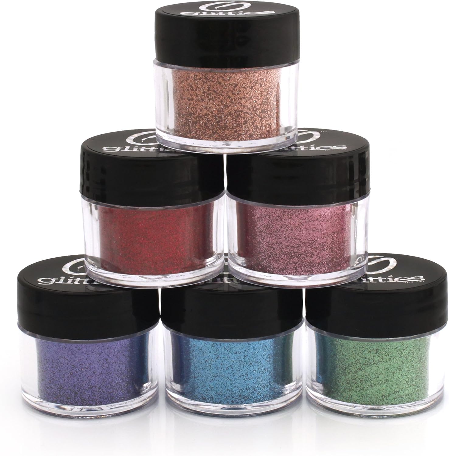 GLITTIES - (6PK) Cosmetic Grade Extra Fine Loose Glitter Powder Kit - Safe for Skin! Perfect for Makeup, Body Tattoos, Face, Hair, Lips, Soap, Lotion, Nail Art - (10 Gram Jars)