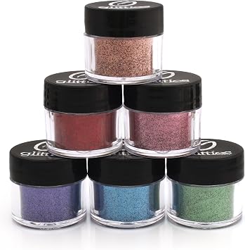GLITTIES - 6PK Cosmetic Grade Extra Fine Loose Glitter Powder Kit - Safe for Skin! Perfect for Makeup, Body Tattoos, Face, Hair, Lips, Soap, Lotion, Nail Art - 10 Gram Jars