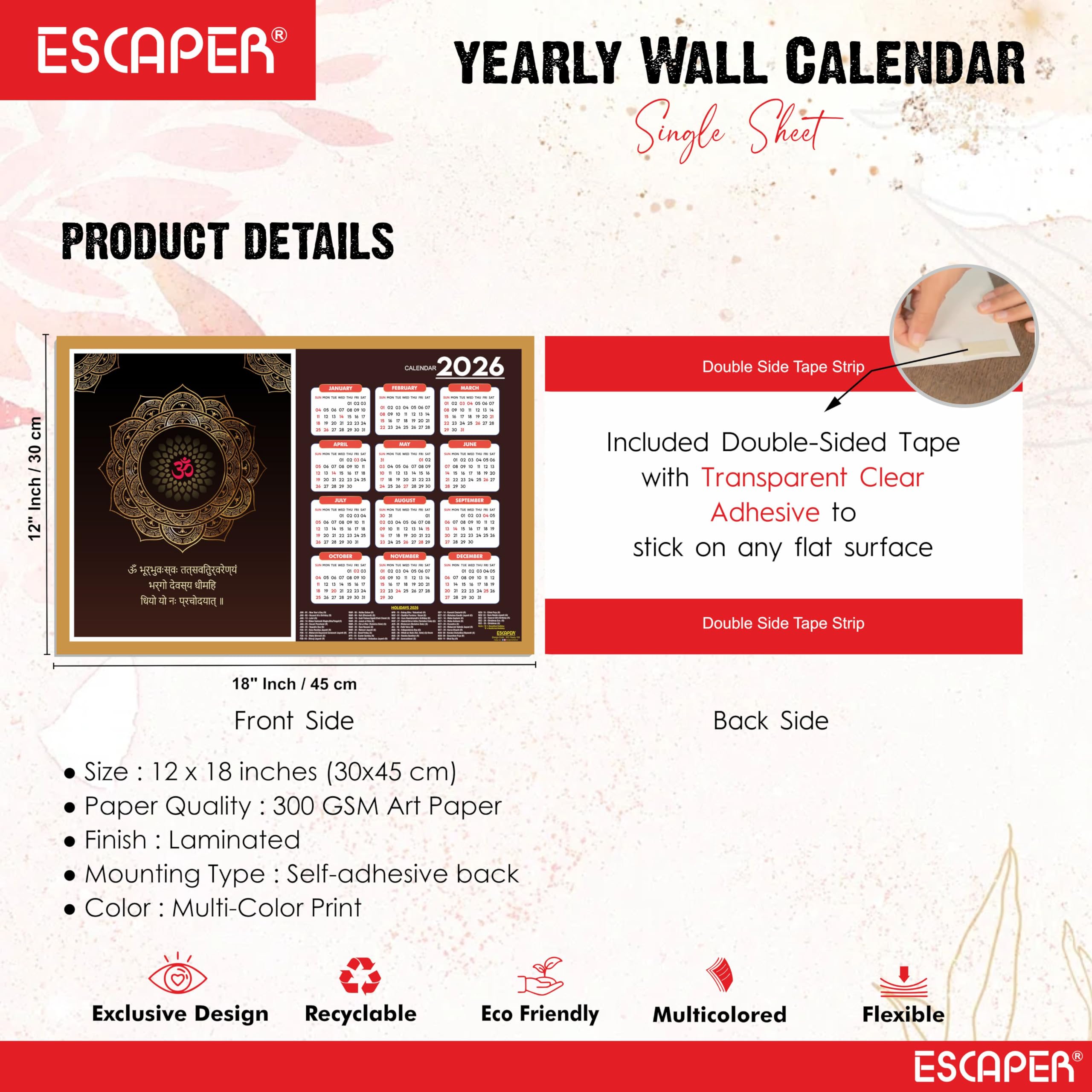 ESCAPER Gayatri Mantra Wandkalender 2026 - 30,5 x 45,7 cm, Meditations- & Yoga-Wandkalender, Yogasana- & Asana-Diagramme, Chakra-Posen, ideal für Yoga-Kurse & Fitnesscenter