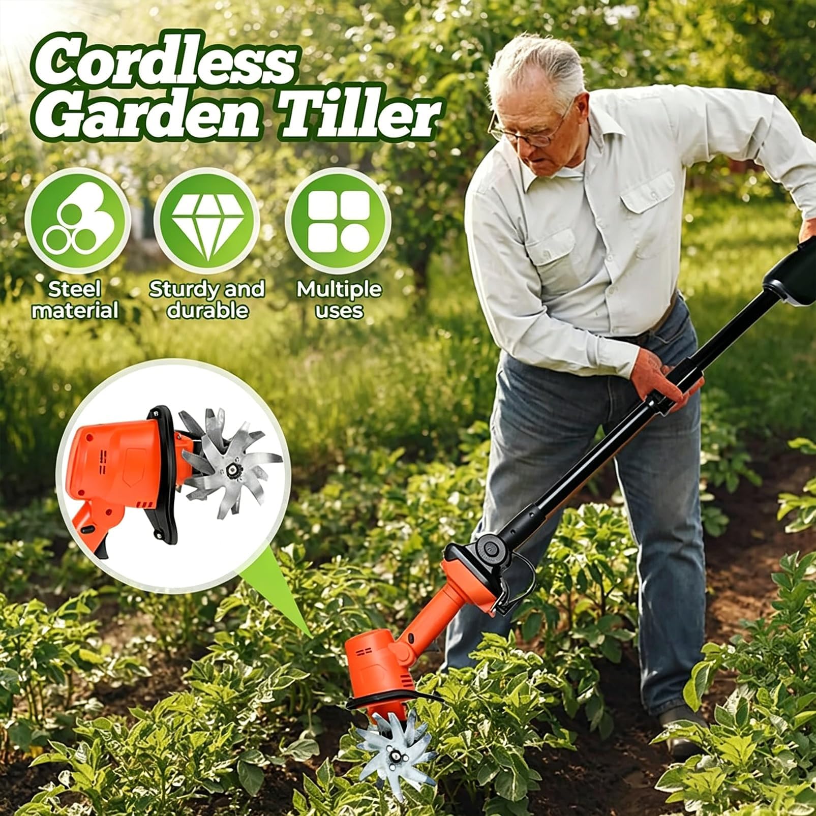 21V Cordless Mini Tiller, 4-Tine Garden Coltivatore | 235 giri/min, larghezza di 10 cm, doppia batteria da 1,5 Ah e design portatile pieghevole da 1,2 kg
