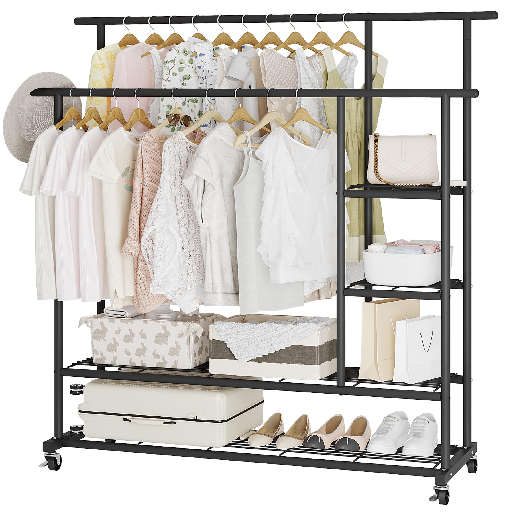 UDEARDouble Rods Garment Rack with Wheels,Multi-functional Rolling Hanging Clothes Rack 2 Bottom Shelves and Side Shelves,Open Type Clothing Rack for Bedroom,Living Room,Black