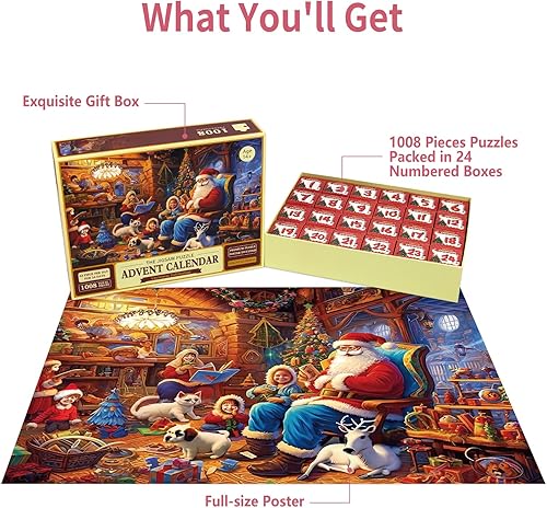 Miniatura 6 de Rompecabezas de Adviento 2023, rompecabezas de Navidad, rompecabezas de fiesta de Papá Noel, 24 piezas, 1000 piezas, rompecabezas para adultos y