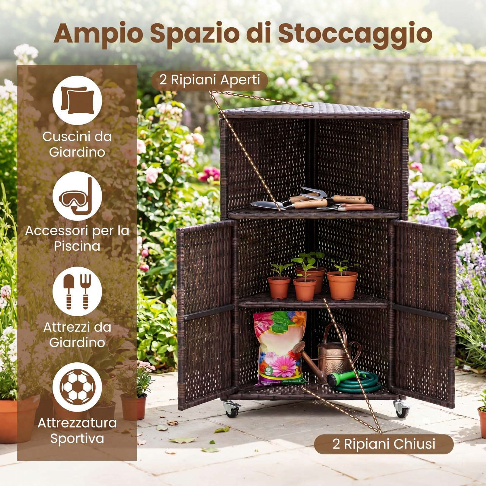 COSTWAY Armadietto da Esterno Angolare, Armadio da Esterno in Rattan PE con Ruote Bloccabili, 2 Ripiani Aperti e 2 Ante, Credenza da Cucina per Giardino, Piscina e Terrazza, 66 x 47 x 111 cm