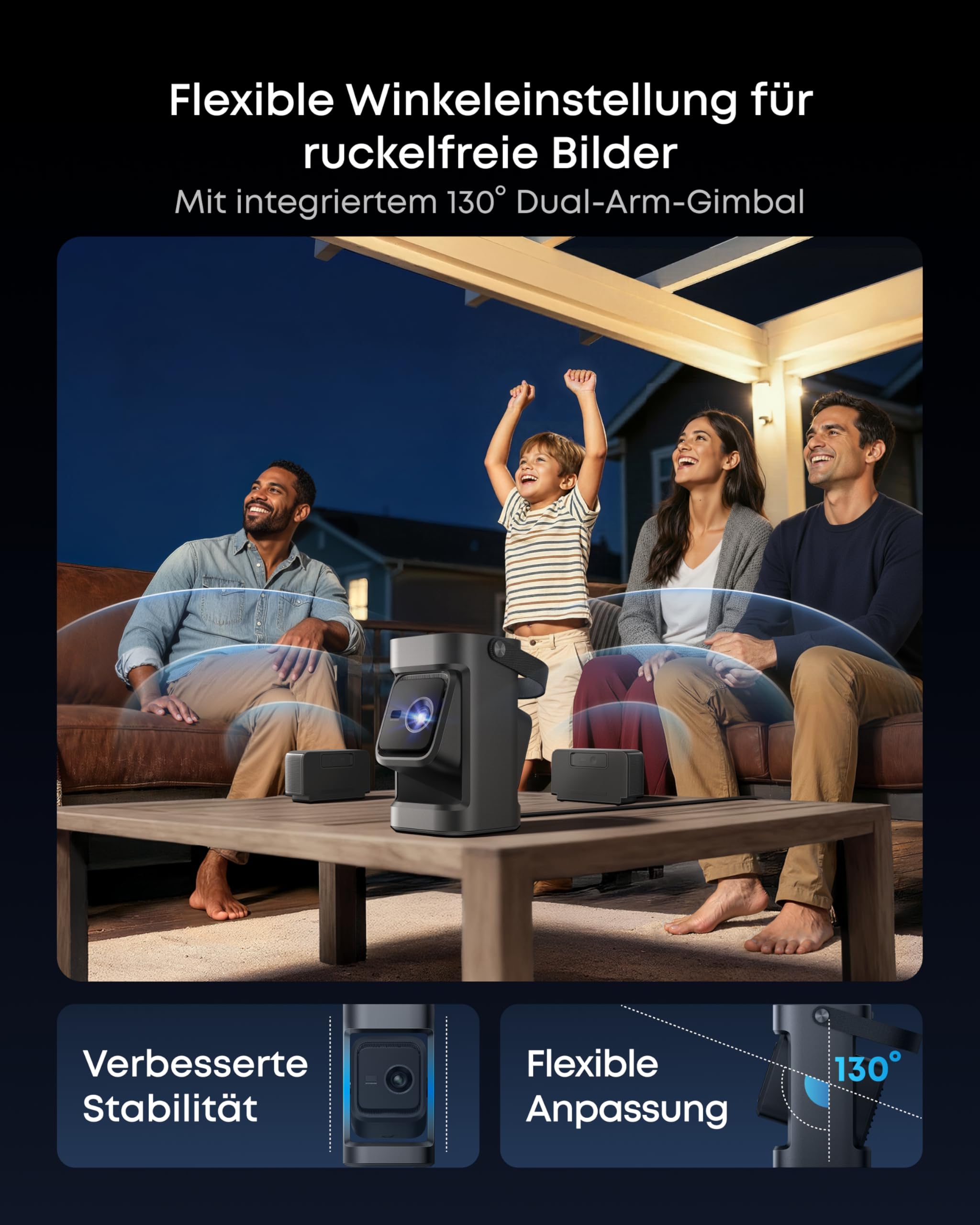 Nebula by Anker P1 Tragbarer Projektor, kabellose, abnehmbare Lautsprecher | 1080P, 650 ANSI Lumen, 20W 2.0 Surround Sound, 130° Dual-Arm Gimbal, Auto-Bildanpassung, 120" Bildschirm, Tragegriff, GTV