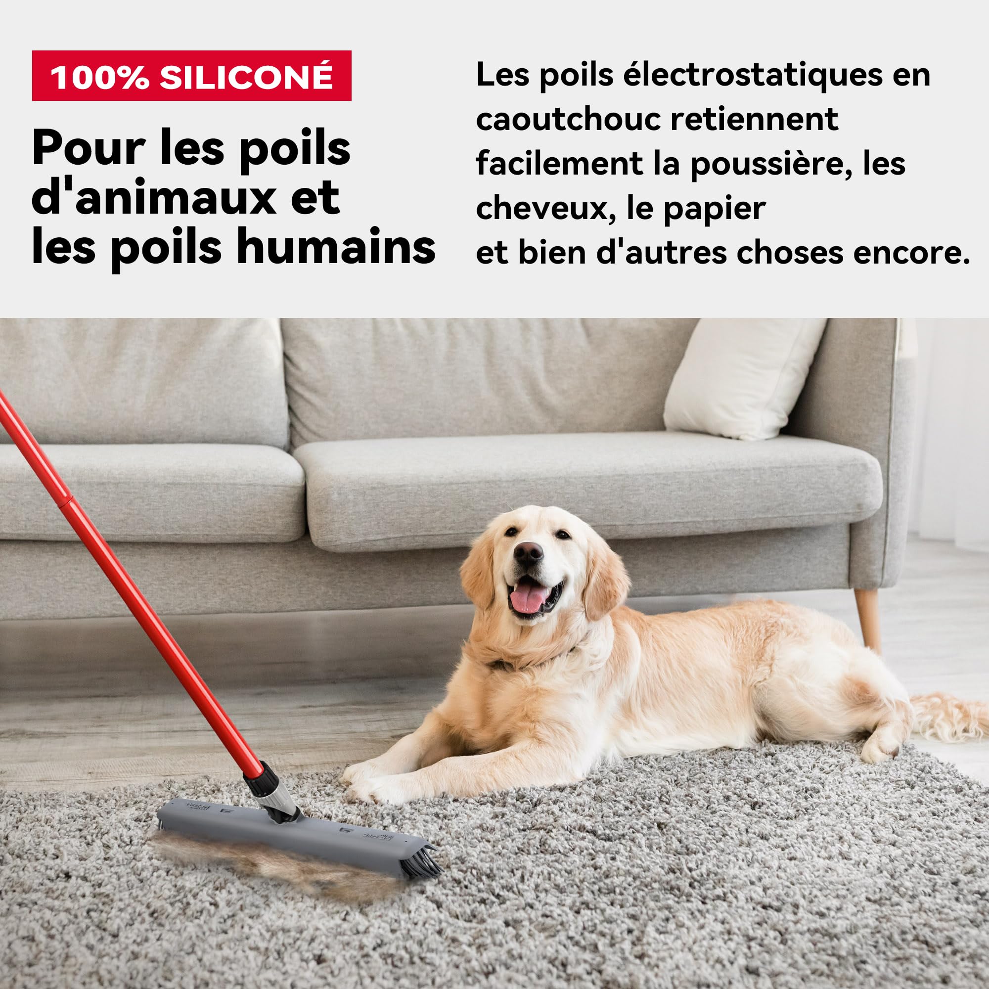 Tyroler Balai Silicone & Raclette Sol | Tête De 41 cm Balai Bross Poils Animaux | Manche Anti-Rouille en 4 Parties de 140 cm pour Balais en Silicone Professionnel | Balais Nettoyer Sol