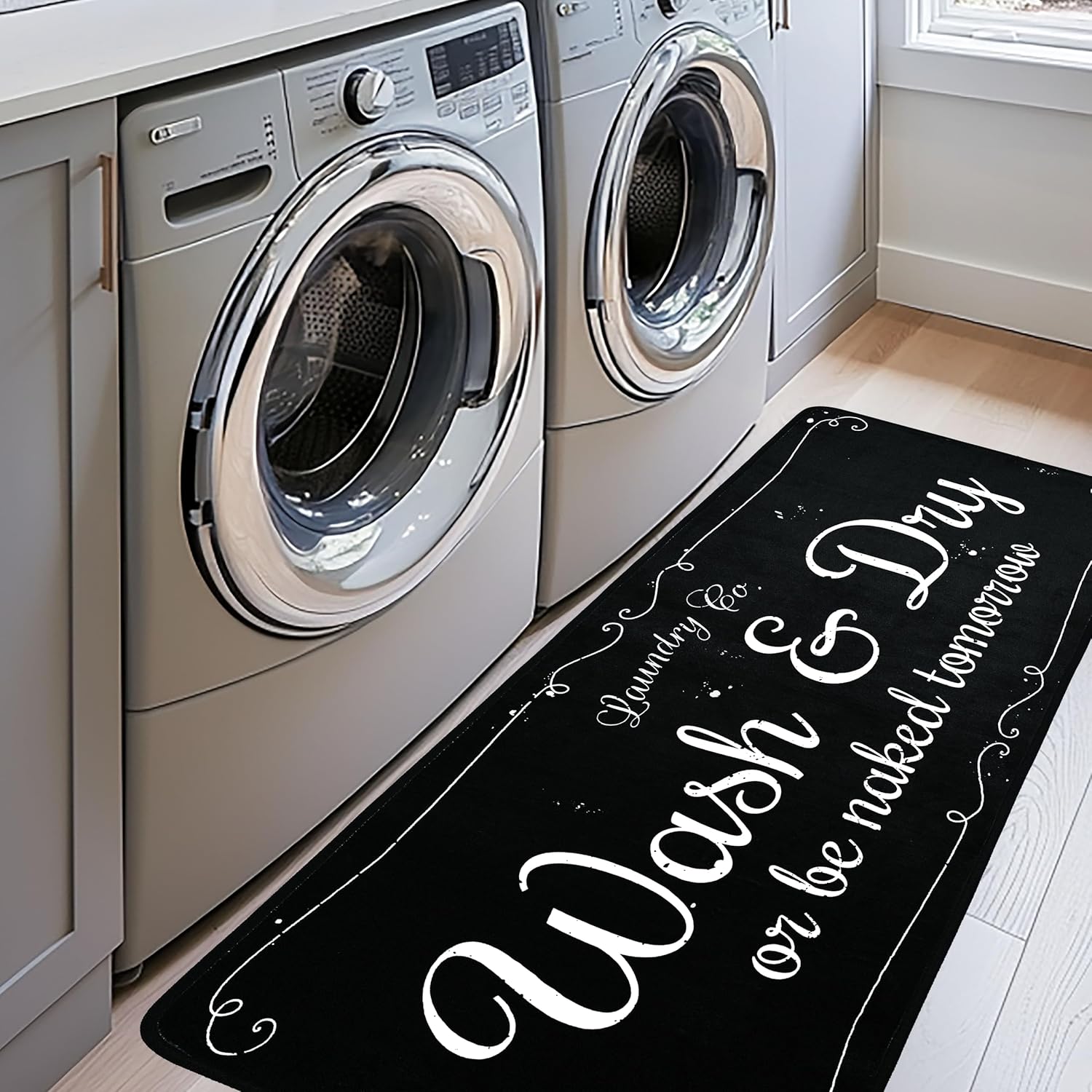 EYECY Laundry Room Rug Runner 20"x49" Non Slip TPR-Backed Rug for Kitchen, Bathroom, and Hallway - Black Black 20x49 in