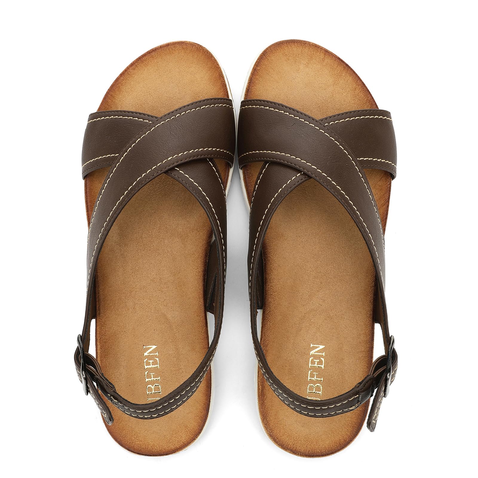 UBFEN Womens Flat Sandals Arch Support Open Toe Adjustable Slingback Cross Strap Dressy Casual Comfortable Summer Shoes 10.5 Coffee