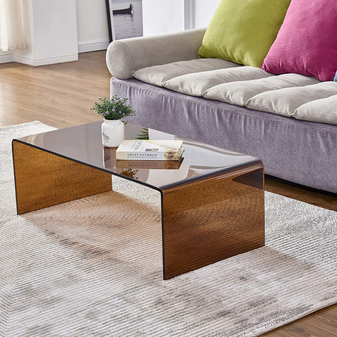 Premium Tempered Glass Coffee Table,Small Modern Coffee Table for Living Room,Match Well with Rug (Brown, 39.4"x19.7"x13.8")
