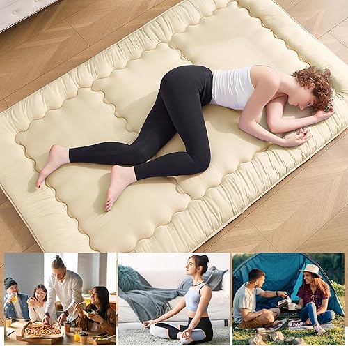 Miniatura 7 de Colchón tipo futón japonés 25D, tamaño matrimonial, 54 x 80 pulgadas, 4 pulgadas de grosor, plegable, tapete de cama enrollable diseñado por Japón,