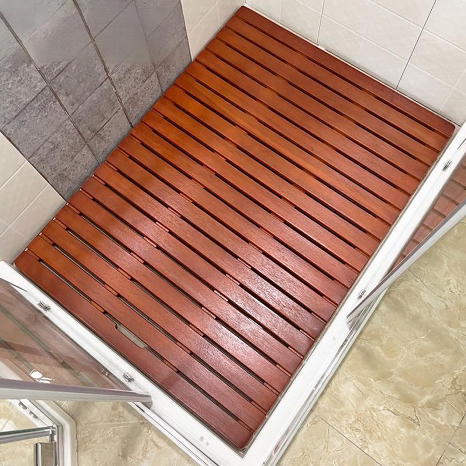 MESCXTY Large Teak Shower Floor Mat, Square Bath Mats for Non Slip With Drain HoleYard, Wooden Raised Comfortable Board, Spa, Sauna, Pool(Red,40x90cm/15.7x35.4in)