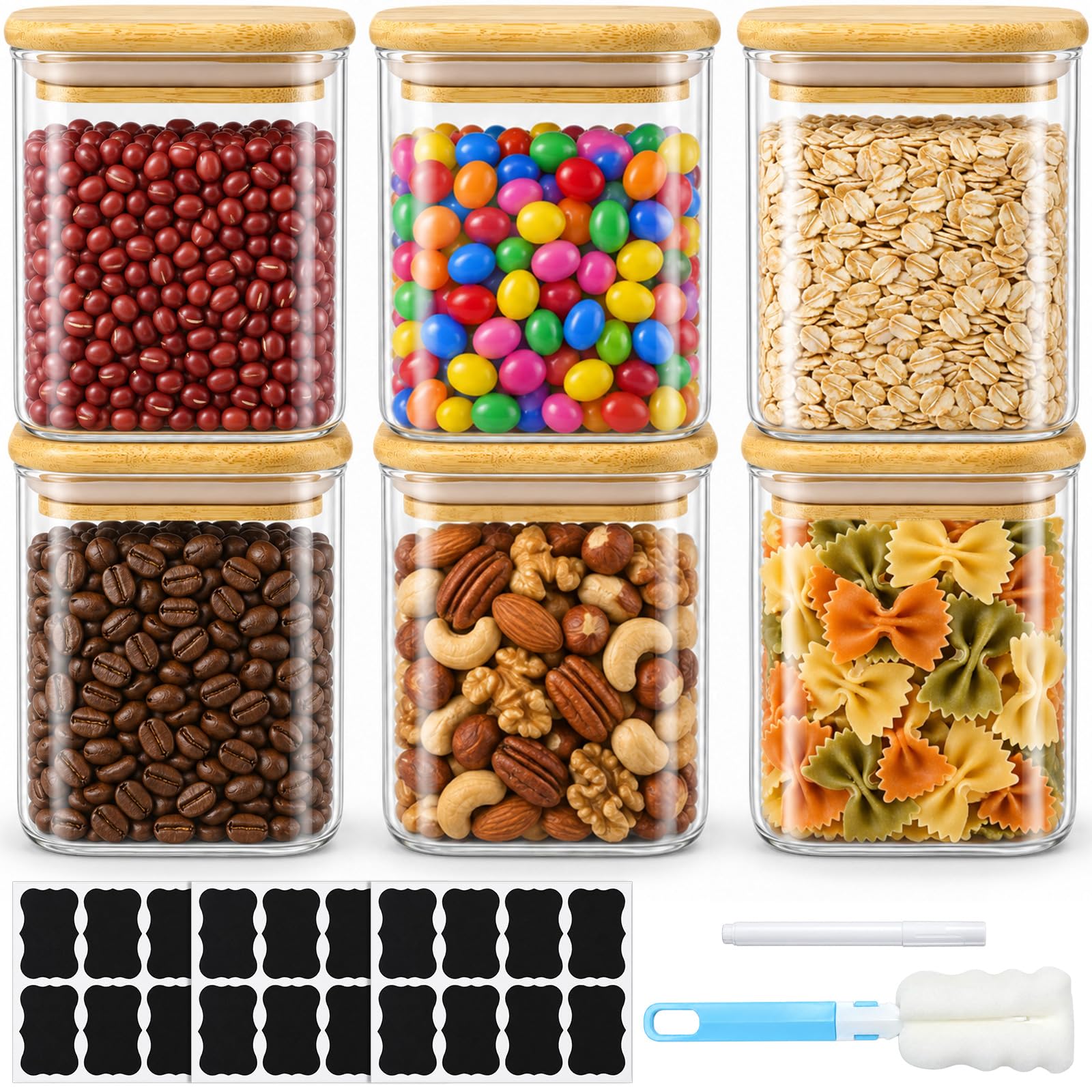 Xaztr 6 Pack 500ml Square Glass Storage Jars with Bamboo Lids, Labels, Pen