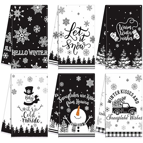 FuWeave 6 Pcs Winter Kitchen Towels Black White Snowman Dish