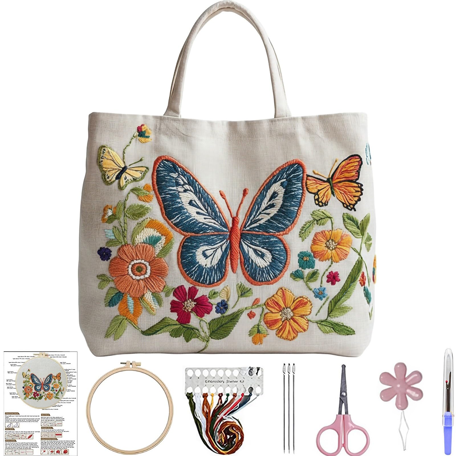 Lebartm Embroidery Tote Bag Embroidery Kit for Beginners Cross Stitch Handbag Butterfly Patterns with Hoop Needle Threads Fabric Reusable Grocery Bag for Women-Butterfly01 โ image 1