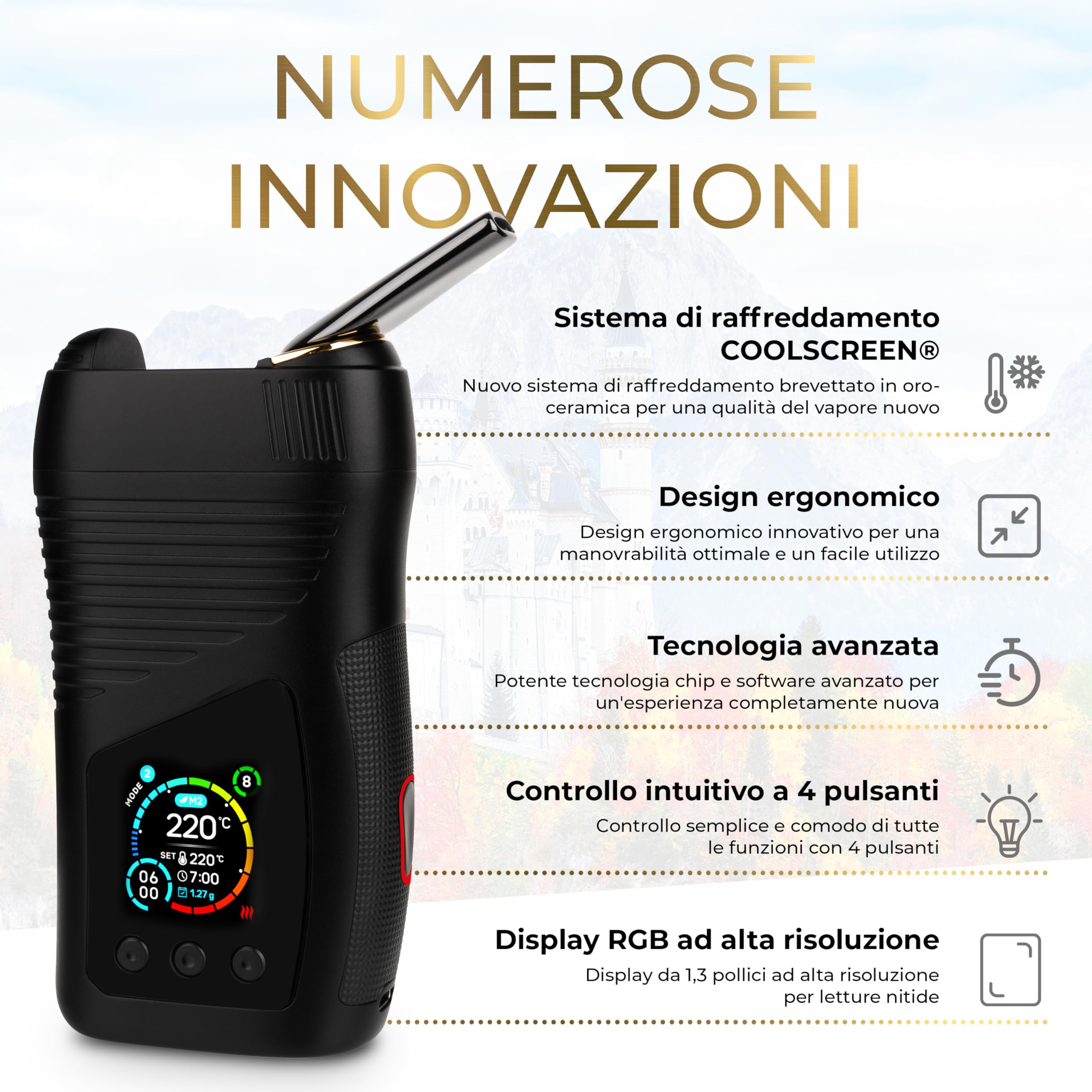 WOLKENKRAFT LIVE Vaporizzatore Premium | Elemento riscaldante ad alte prestazioni con ibrido convezione | Sistema di raffreddamento COOLSCREEN | Materiali di alta qualità | Temperatura 40-220 °C