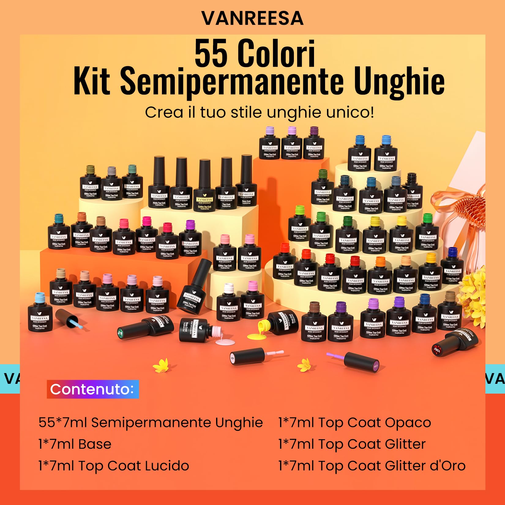 VANREESA 55 Colori Smalto Semipermanente Unghie, 60 PCS Kit Semipermanente Unghie con 1 Base e 4 Top Coat Smalti Semipermanenti per Unghie Rosso Blu Rosa, Kit Unghie Gel Completo Regalo per Donne