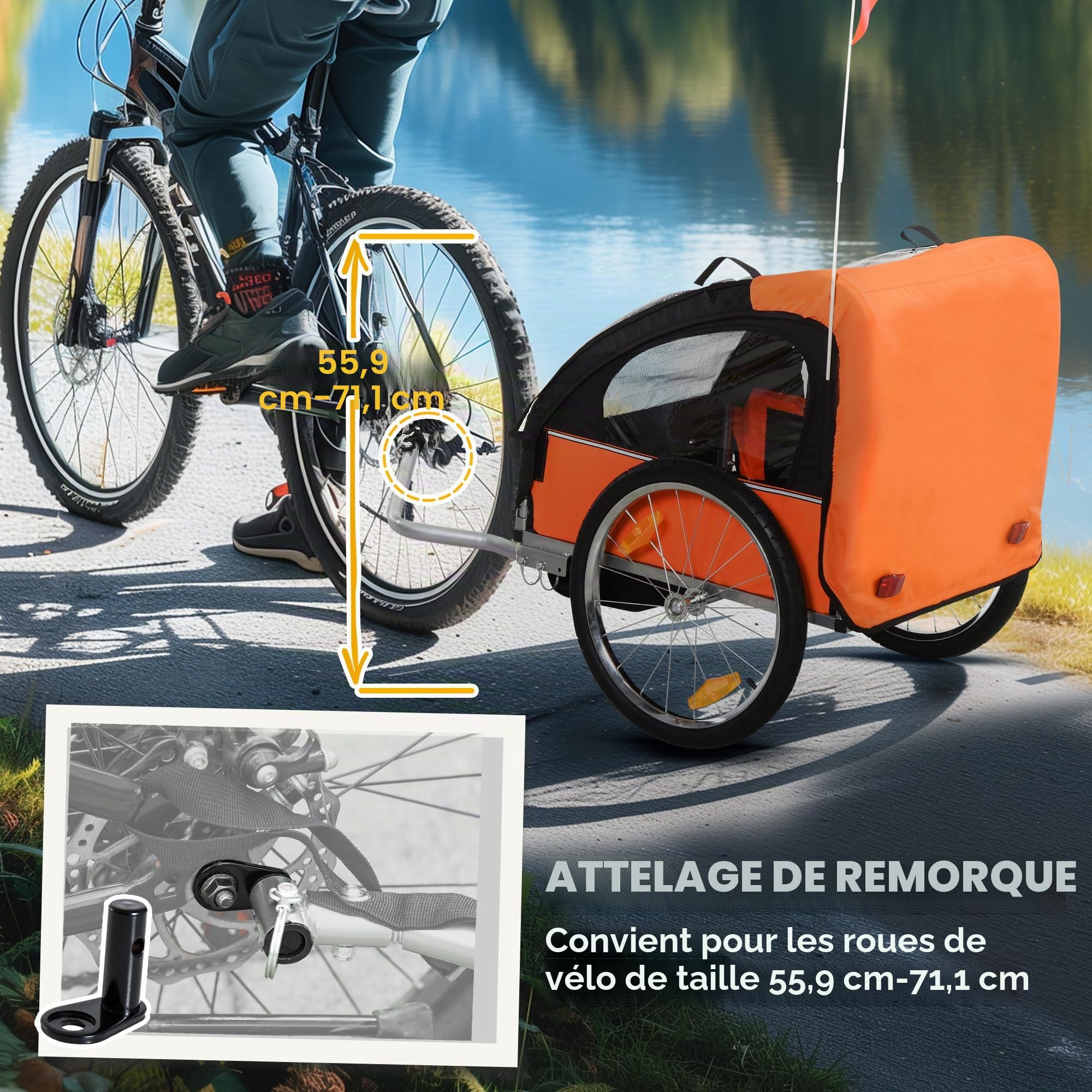 HOMCOM Remorque vélo pour enfants avec 2 sièges, 2 ceintures de sécurité, cadre en acier et housse en textile Oxford Orange