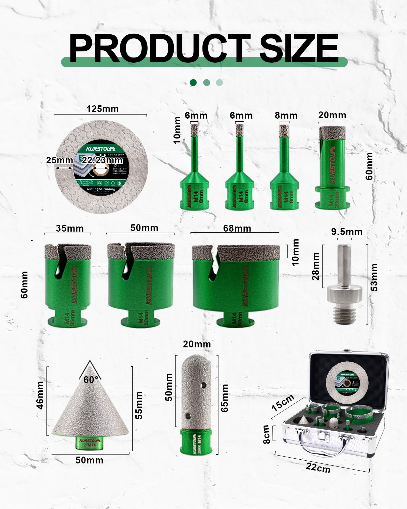 Punte Diamantate Gres Porcellanato 11 Pezzi - KURSTOL 6/6/8/20/35/50/68mm+20mm Fresa+50mm Punte Smusso+125mm Disco Diamantato+Adattatore per Porcellana Piastrelle Ceramica Marmo Granito
