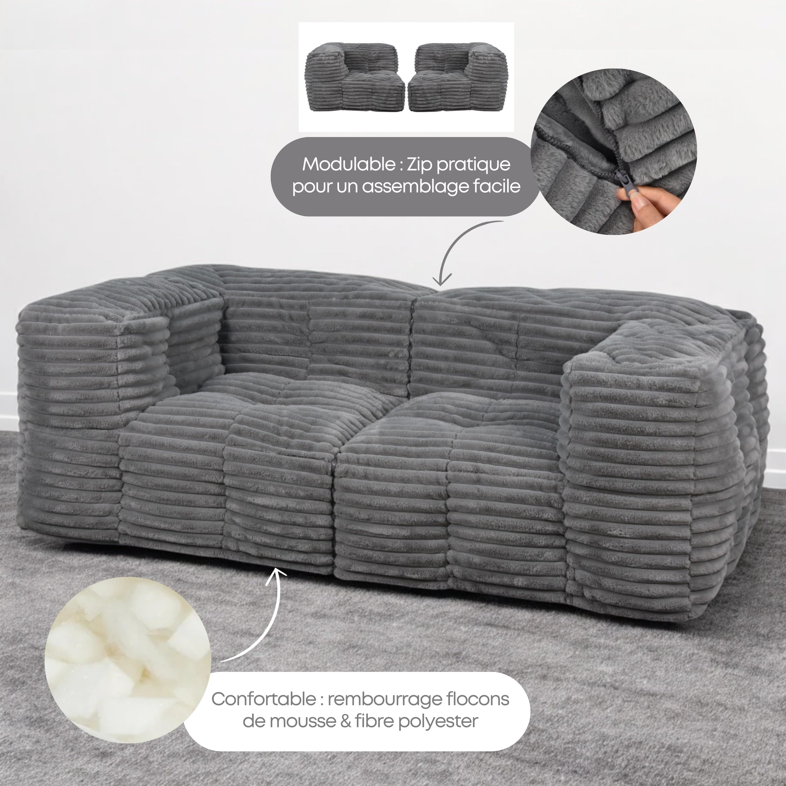 bananair 3-osobowa sofa z prążkowanym sztucznym futrem, miękka i wygodna, wyściółka z pianki i włókien, innowacyjna modułowa konstrukcja bez kości, łatwo przekształca się w 2 worki do siedzenia