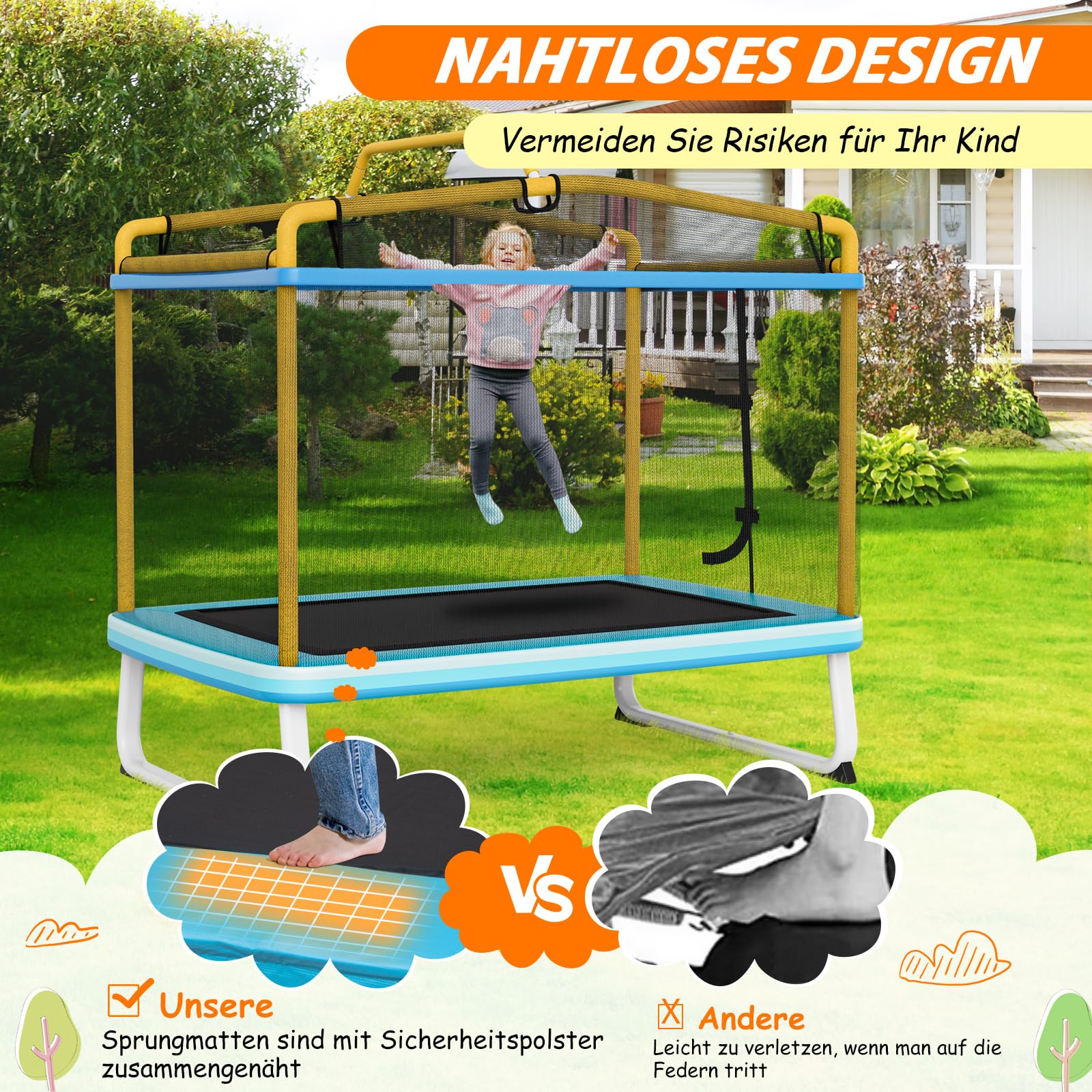 COSTWAY 3 in 1 Kindertrampolin, Fitness Trampolin Outdoor | Gartentrampolin rechteckig mit Schaukel & Reckstange, Trampolin mit Sicherheitsnetz für Kinder ab 3 Jahren